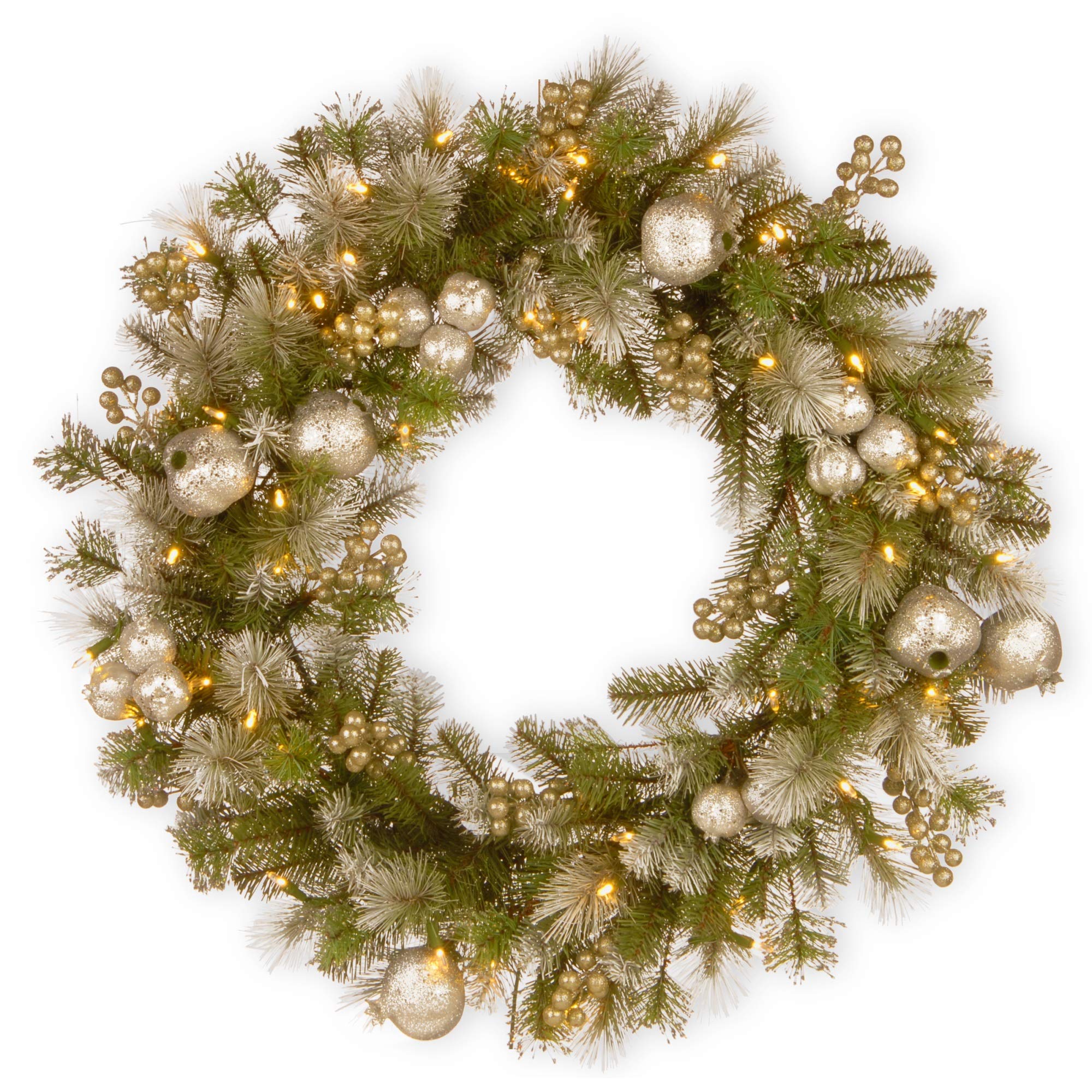 30-Inch Sparkling Pomegranate Pine Wreath with Battery-Operated LED Lights - Perfect for Christmas Decor, Holiday Home & Front Door Decoration
