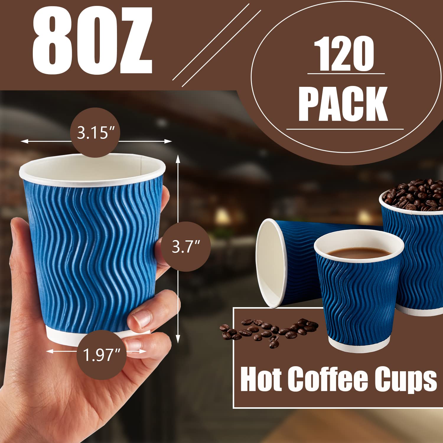 Lamosi 120 Pack 8 oz Disposable Coffee Cups - Insulated Corrugated Paper Cups for Hot & Cold Drinks, Eco-Friendly Kraft Ripple Wall Design - Perfect for Office, Home, Party, Travel & Cafe Use (Navy)