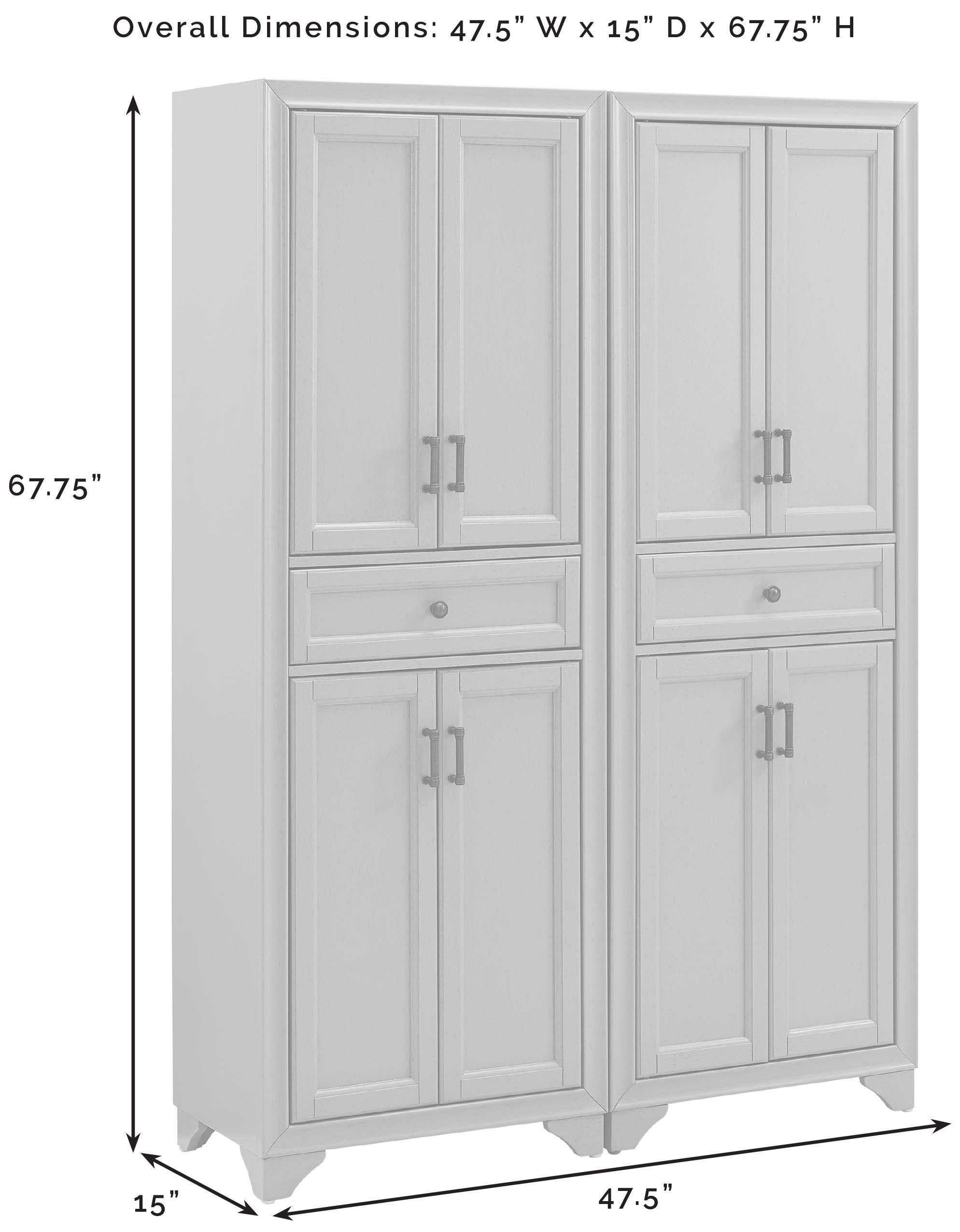 Crosley Furniture Tara 2-Piece Pantry Storage Cabinet Set with Adjustable Shelves - Distressed White Kitchen Organizer for Dining Room & Laundry Room Storage | Perfect for Small Spaces & Home Organization