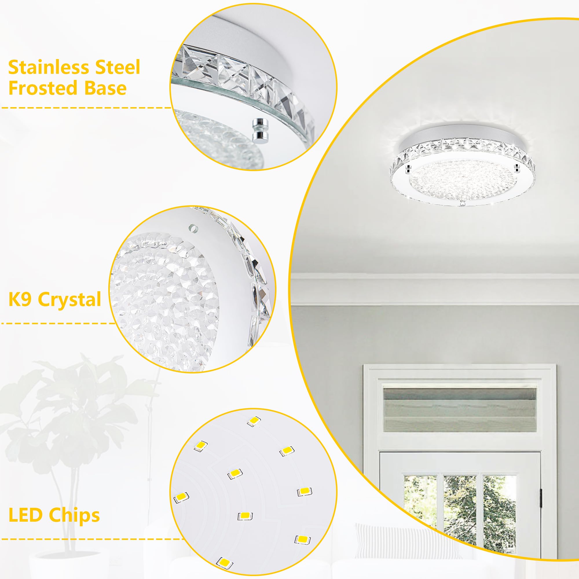 Dimmable Crystal LED Ceiling Light Fixture - 24W 4000K Daylight Flush Mount for Kitchen, Bedroom, Bathroom & Living Room | Elegant Lighting for Hallways & Home Decor