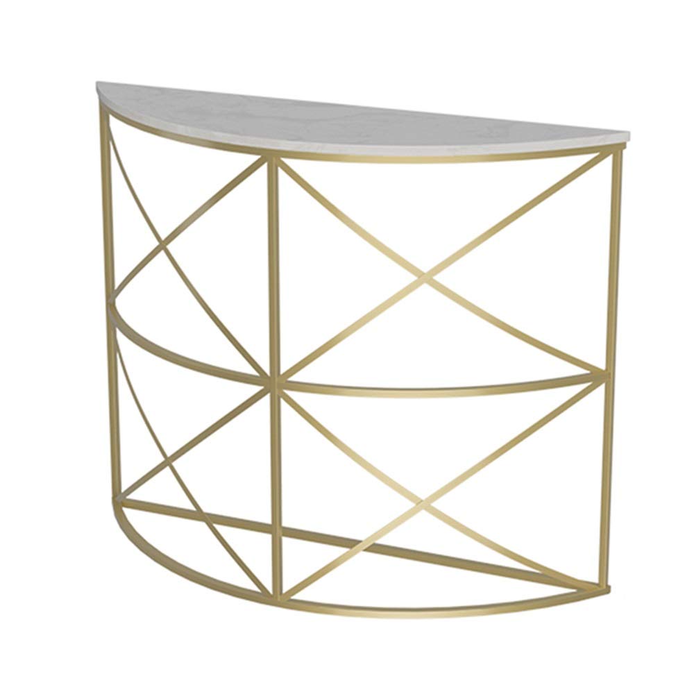 HANSHAN Gold Marble Console Table - 39×11×31 Inch Narrow Entryway Table with Wrought Iron Base, Semi-Circular Storage Shelf for Hallway, Living Room & Foyer Decor