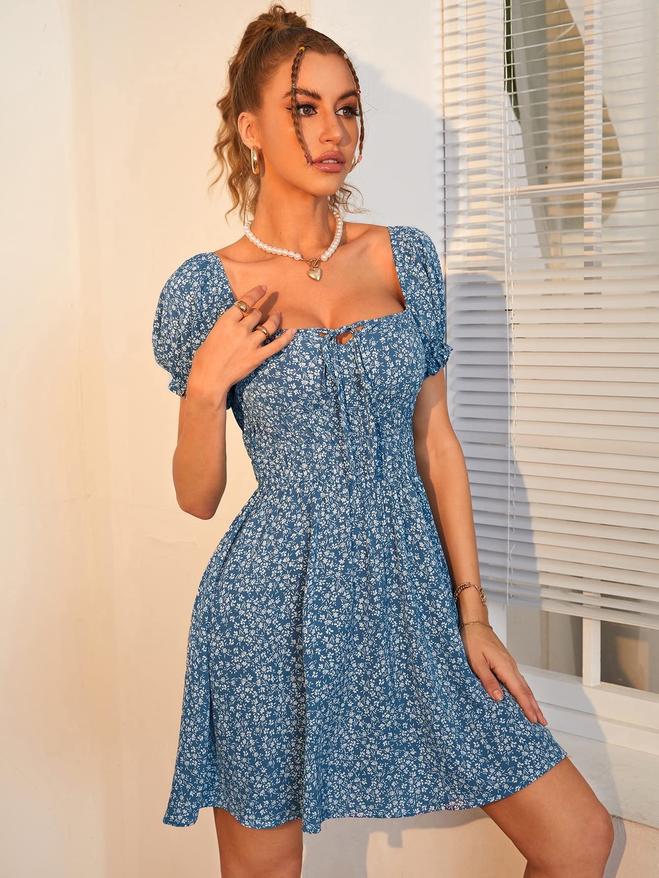 VIYAN Women's Boho Floral Print Puff Sleeve Tie Front Midi Dress - Summer Casual, Beach Vacation, Date Night Outfit