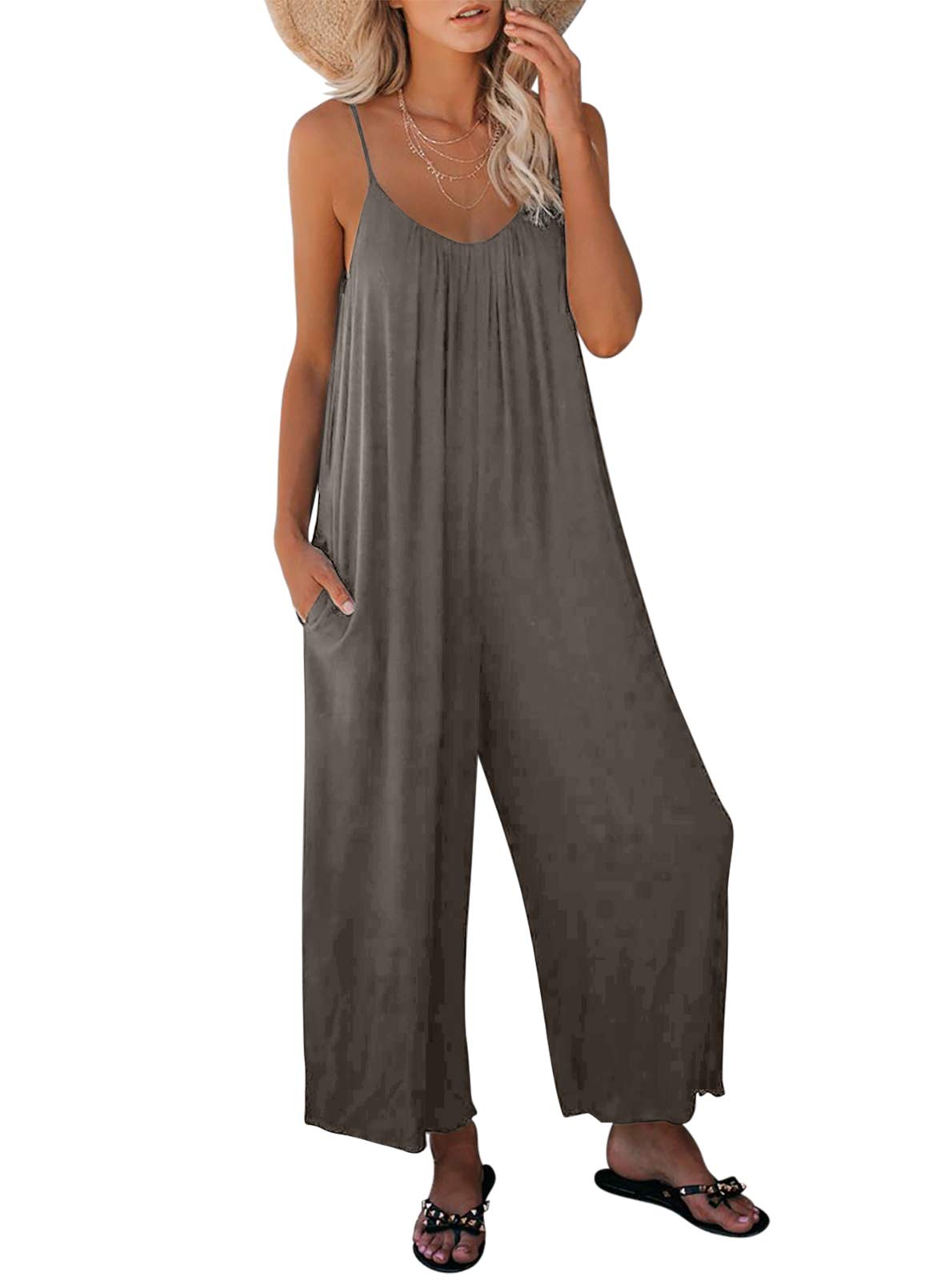Dokotoo Women's Sleeveless Jumpsuit - Adjustable Spaghetti Strap, Stretchy Long Pant Romper with Pockets | Casual Summer Outfit, Beach Cover-Up, Lounge Wear, Travel & Vacation Essentials