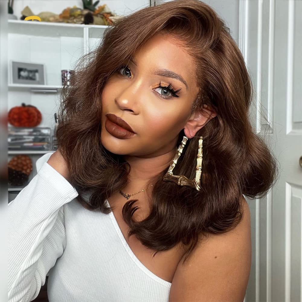 ANDRIA 13X4 HD Lace Front Wigs - Pre-Plucked Hairline 16 Inches Body Wave Chocolate Brown Glueless Lace Frontal Wig with Baby Hair | Short Bob Wig 200% Density Loose Wave | Perfect for Daily Wear, Cosplay, Parties & Special Occasions
