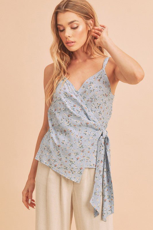 Aemi + Co Women's Ditsy Floral Print Surplice Adjustable Strap Cami Top - Perfect for Summer Outfits, Beach Wear & Casual Date Nights