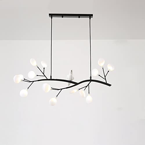 LITFAD 15-Light Black Acrylic Tree Branch LED Chandelier - Modern Nordic Hanging Light Fixture with Bird Decor for Dining Room, Restaurant, Bedroom - Perfect for Creating Cozy Ambiance in Home and Commercial Spaces