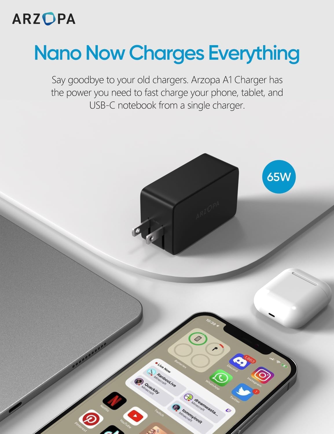 65W GaN Fast Charger USB C Wall Charger with PPS - 3-Port Foldable Plug for MacBook Pro/Air, iPad Pro, iPhone 15/Pro, Galaxy S24 Ultra, Dell XPS 13, Pixel - Perfect for Travel, Office & Home Use