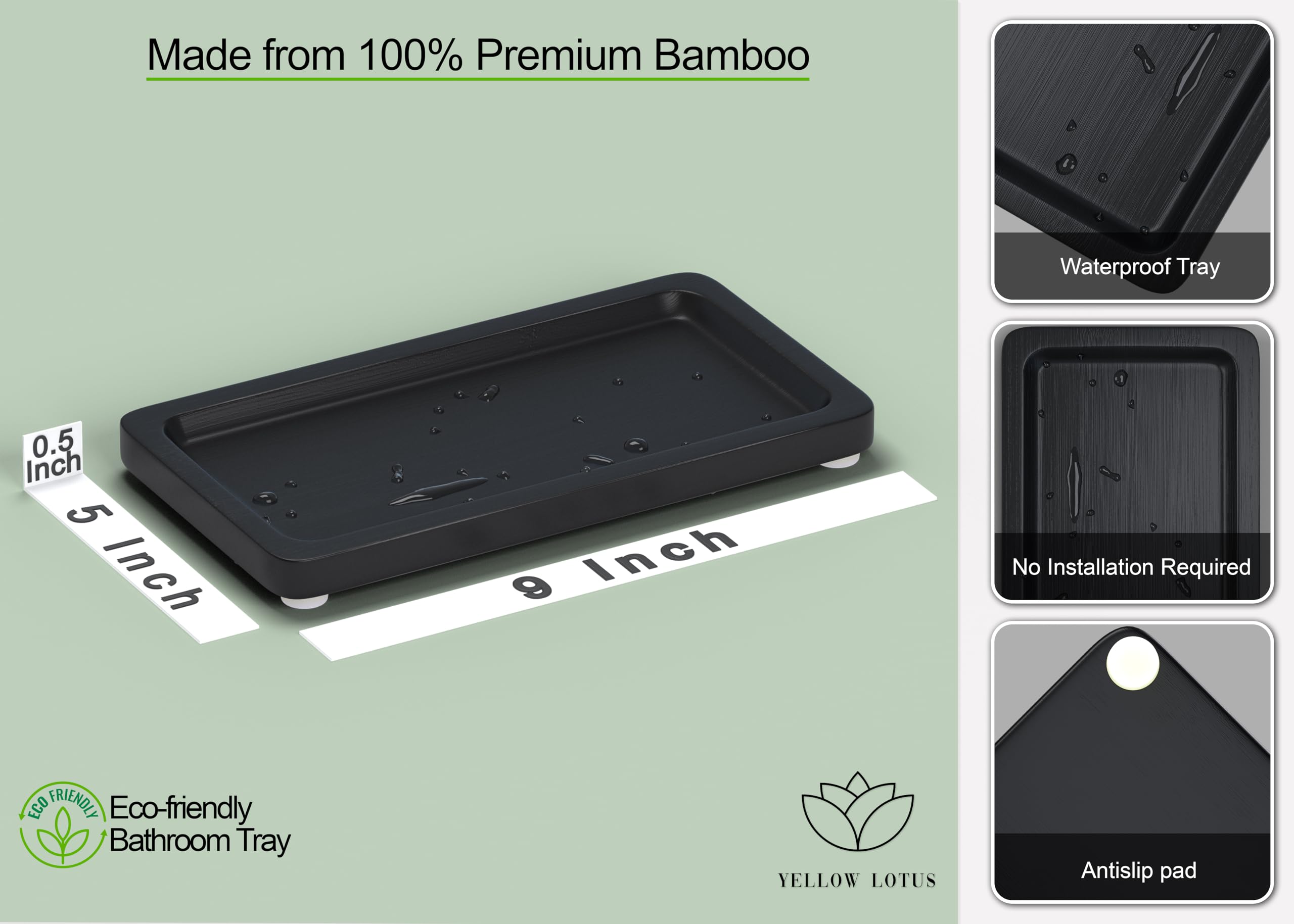 Black Bathroom Tray - Small Matte Black Bamboo Wood Tray for Vanity, Coffee Table & Counter Decor | 9 Inch Perfume Organizer & Cologne Display | Perfect for Bathroom, Bedroom & Living Room Organization