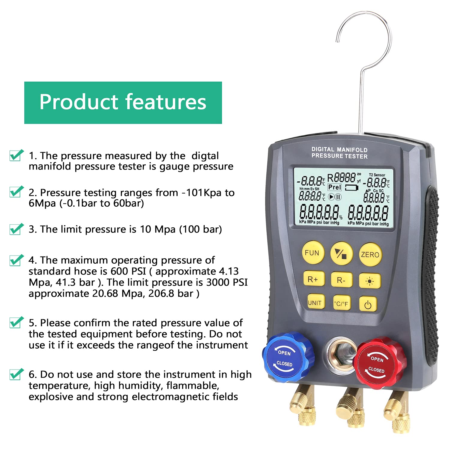 Professional HVAC Refrigeration Digital Vacuum Pressure Manifold Gauge Tester Kit - Accurate AC System Diagnostic Tool for Automotive & Home Air Conditioning Repair