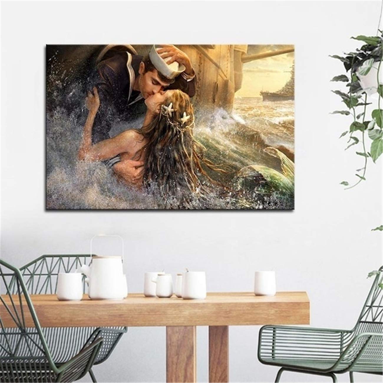 NATVVA Sea Ships Sailor Mermaid Kiss Canvas Wall Art - Ocean Themed Painting for Home Decor, Living Room, Bedroom & Office - Unframed Poster Print Gift Idea for Beach House & Nautical Lovers