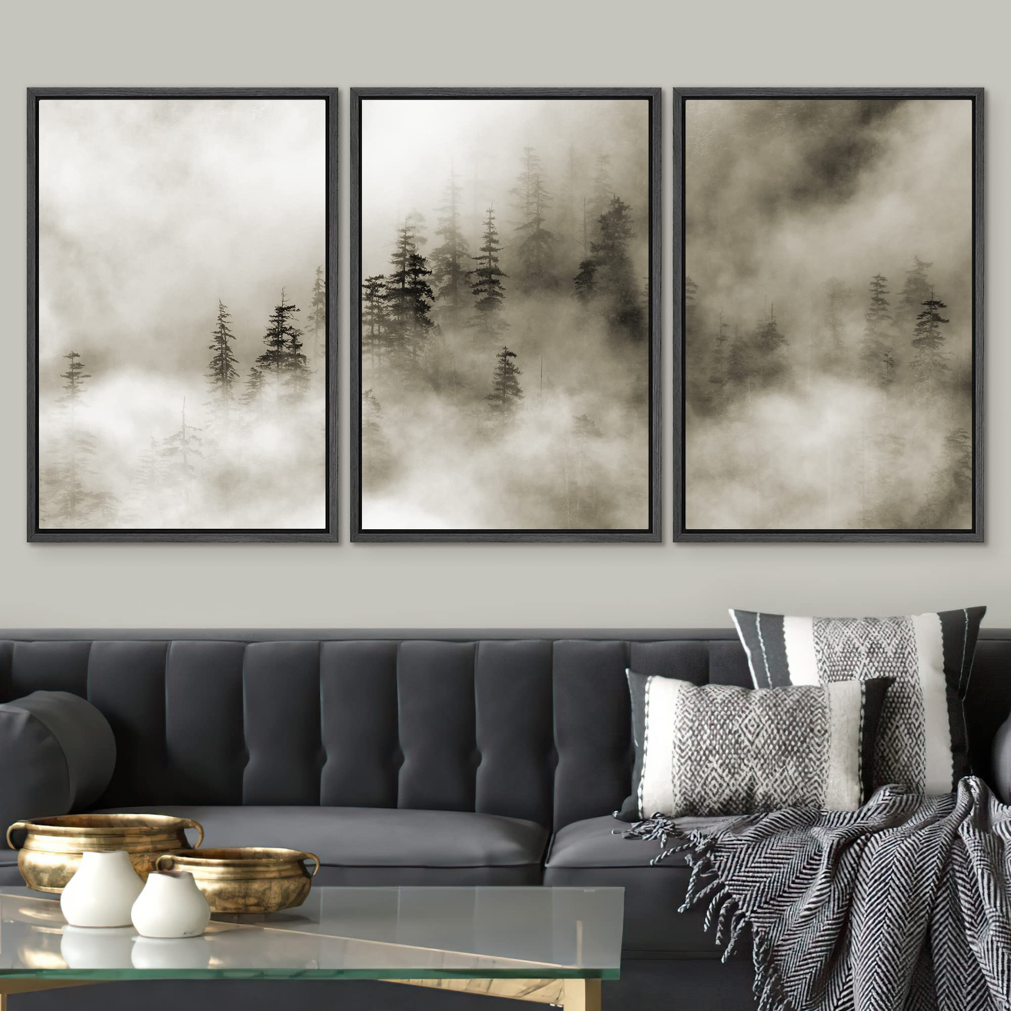 Winter Fog Over Pine Tree Forest Landscape Framed Canvas Wall Art - 24