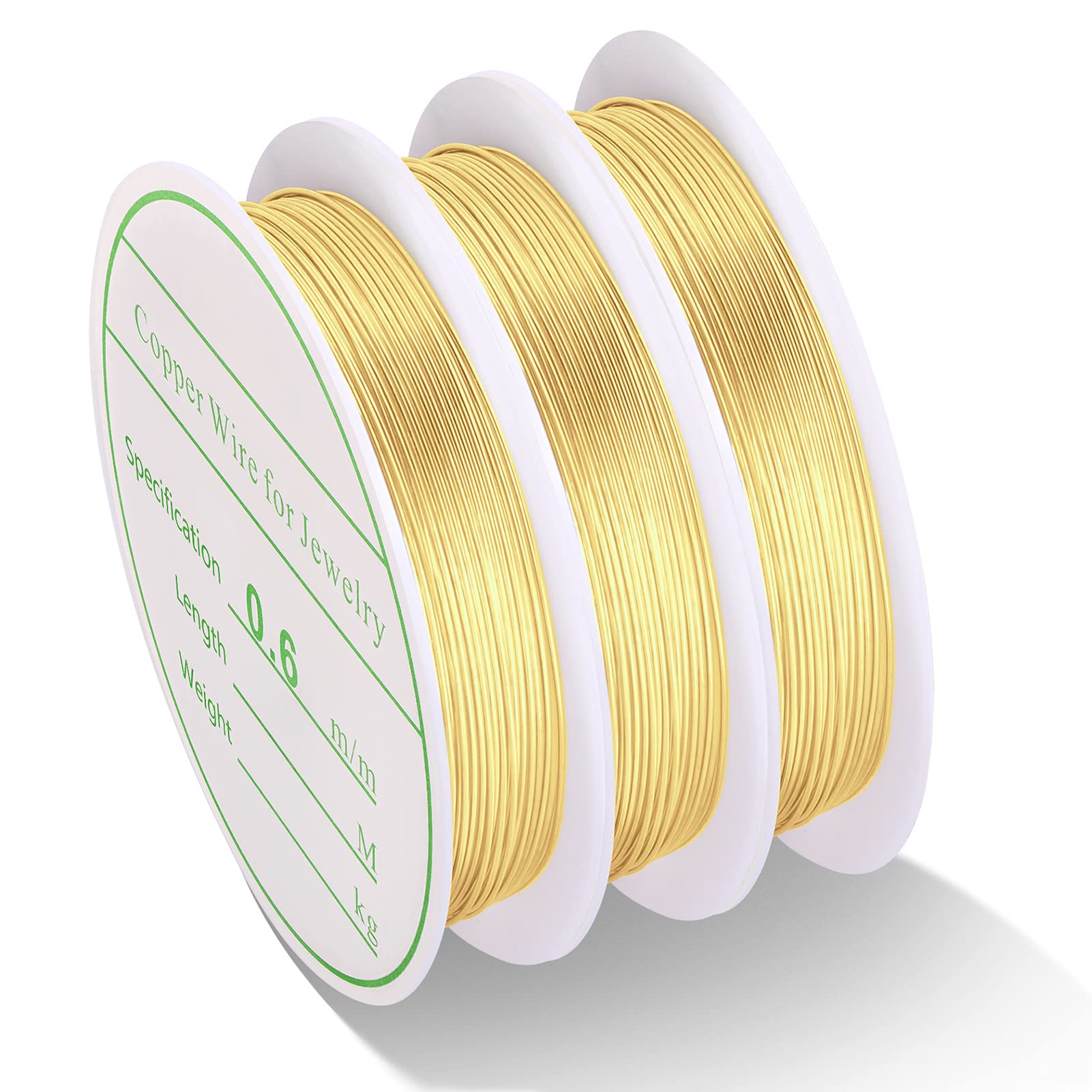 3 Pack 22 Gauge Tarnish Resistant Jewelry Wire - Copper Beading Wire for Jewelry Making & Crafting Supplies (Gold, 0.6mm x 4m Each) - Perfect for DIY Bracelets, Earrings & Necklace Designs