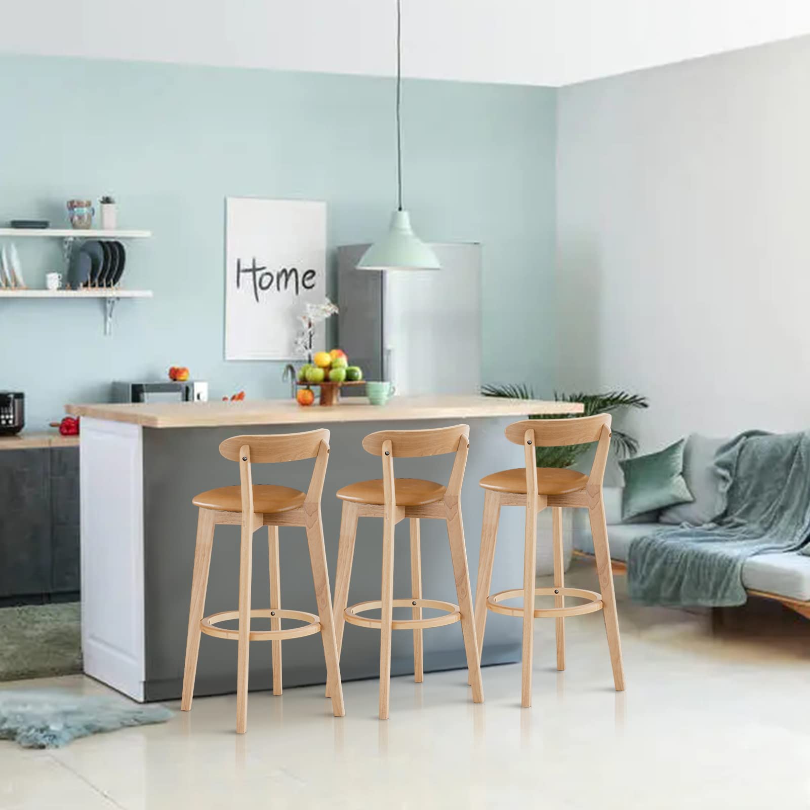 **Breakfast Wood Bar Stool with Backrest & Armrest - PU Leather Kitchen Bar Chair for Dining Room, Kitchen Island & Breakfast Nook**