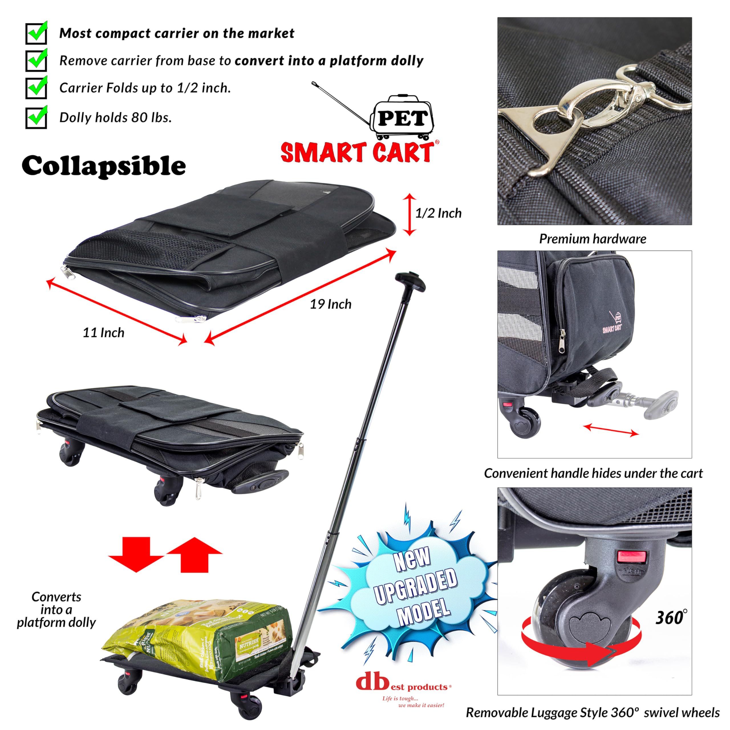 Dbest Pet Smart Cart - Medium Black Collapsible Rolling Carrier with Wheels | Soft-Sided Folding Travel Bag for Dogs & Cats | Airline Approved Pet Tote Luggage & Backpack | Perfect for Travel, Vet Visits & Outdoor Adventures