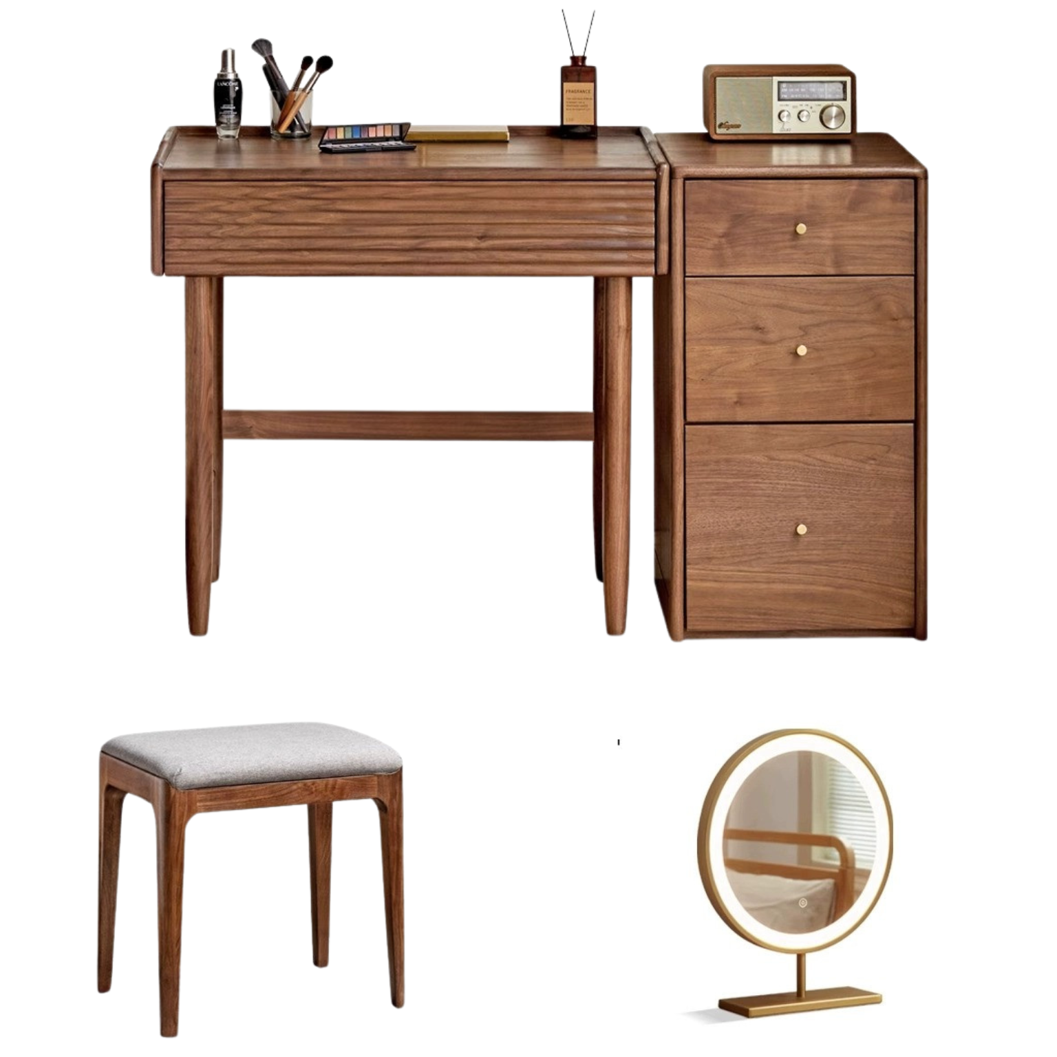 Premium Black Walnut Solid Wood Dressing Table Set with Mirror - Elegant Vanity Desk for Bedroom, Makeup & Beauty Organization
