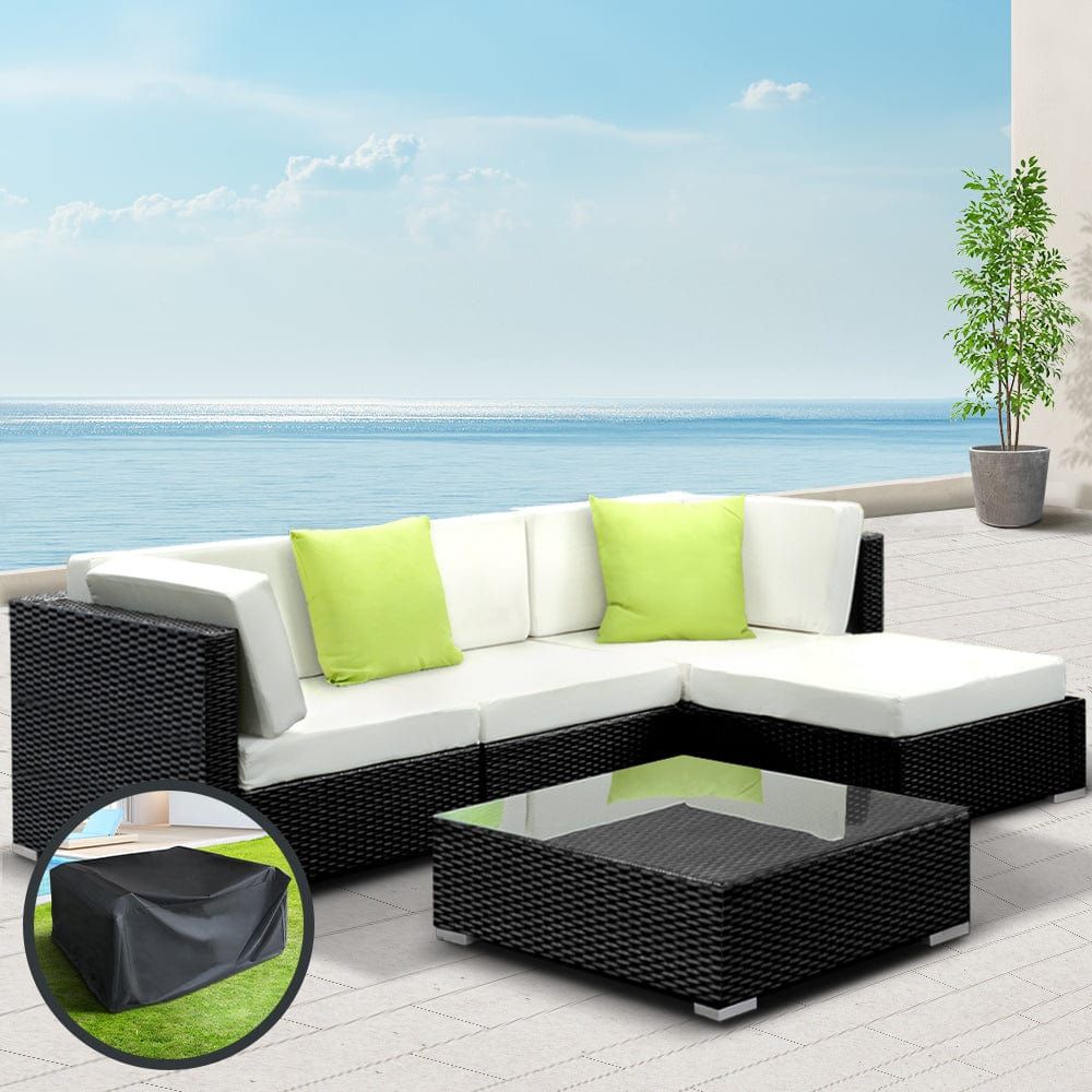 Gardeon 5-Piece Outdoor Wicker Sofa Set with Storage Cover - Patio, Garden, Poolside Furniture for Relaxing and Entertaining