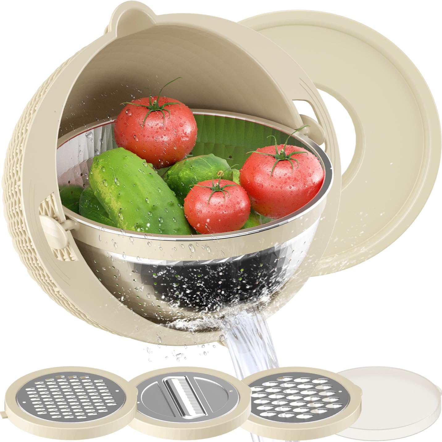 Rotatable 4-in-1 Colander with Bowl Set - Kitchen Strainer for Washing Fruits & Vegetables, Durable Food Colander - Perfect for Meal Prep, Salad Making & Healthy Cooking - Aesthetic Beige Kitchen Gadget Gift for Women