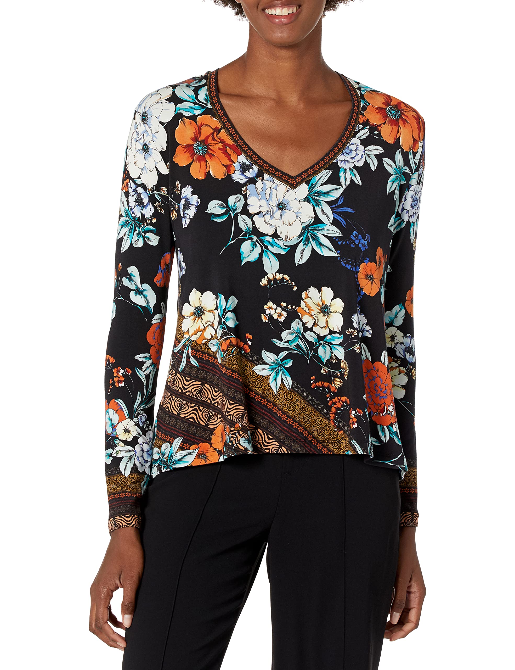 Johnny Was Women's Long Sleeve V-Neck Blouse - Boho Chic Floral Print Top for Casual & Office Wear | Perfect for Layering, Date Nights & Professional Outfits
