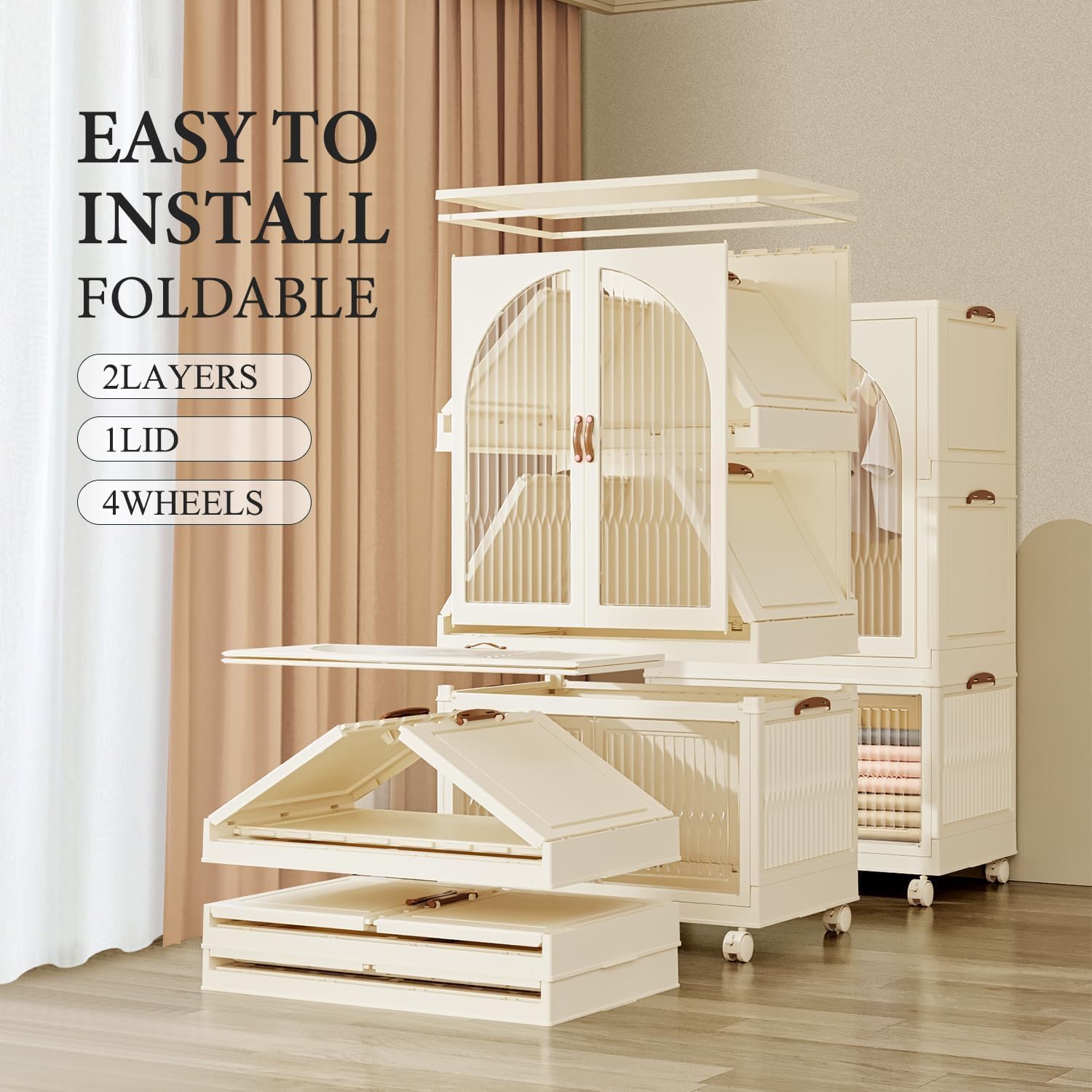 Portable Kids Closet - Collapsible Plastic Wardrobe with Magnetic Doors & Hanging Rod | Easy Assembly Toddler Dresser for Nursery, Bedroom | White Baby Clothes Storage Organizer | Perfect for Small Spaces, Apartments & Daycare Centers