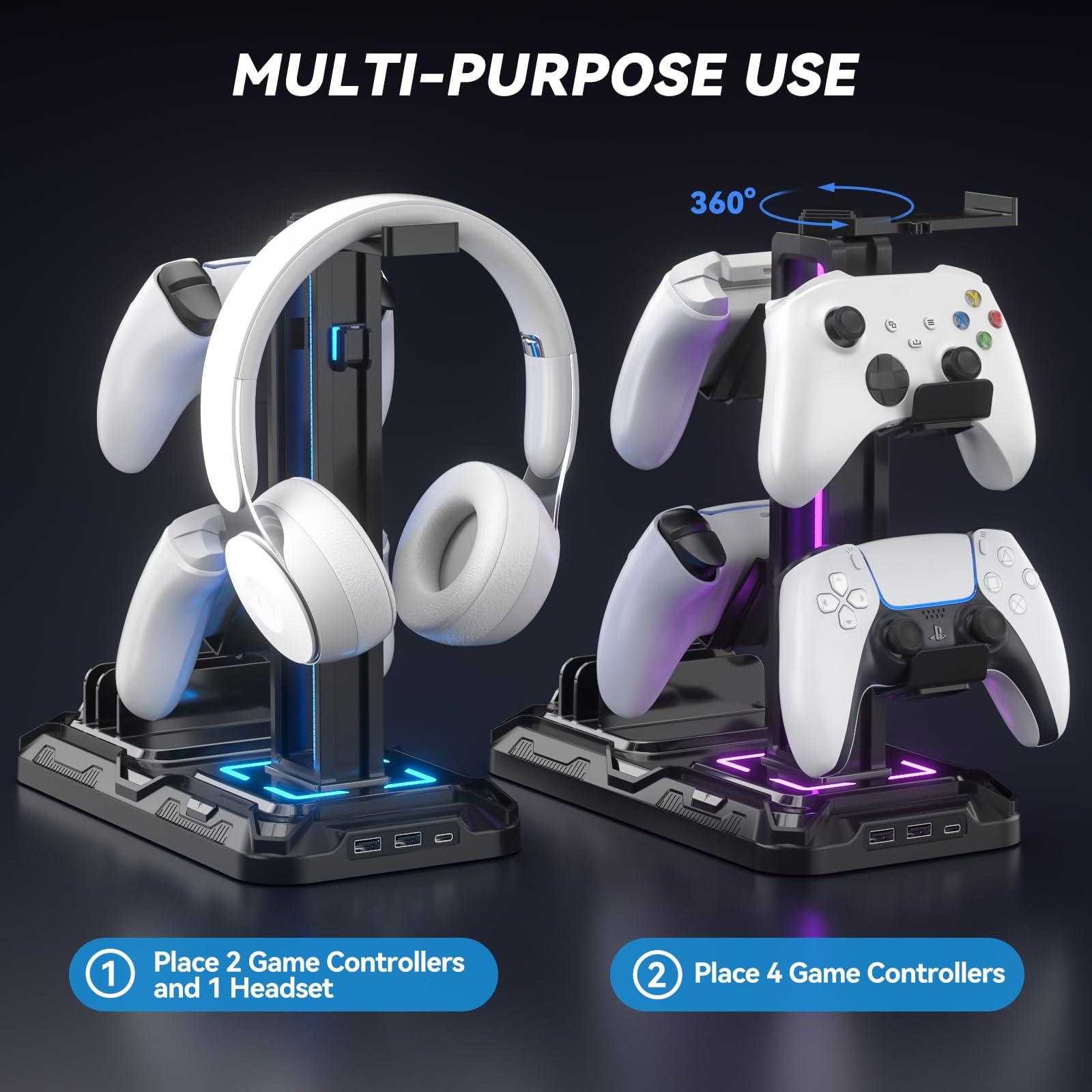 KDD Premium Headset Stand with Wireless Charging Station - Detachable Controller Holder & 9 RGB Light Modes - Rotatable Headphone Hanger with Dual USB A/C Ports - Perfect Gaming Headset Stand for PS5, Xbox & PC Setup - Ideal for Gaming Room, Office & Home Desk Organization