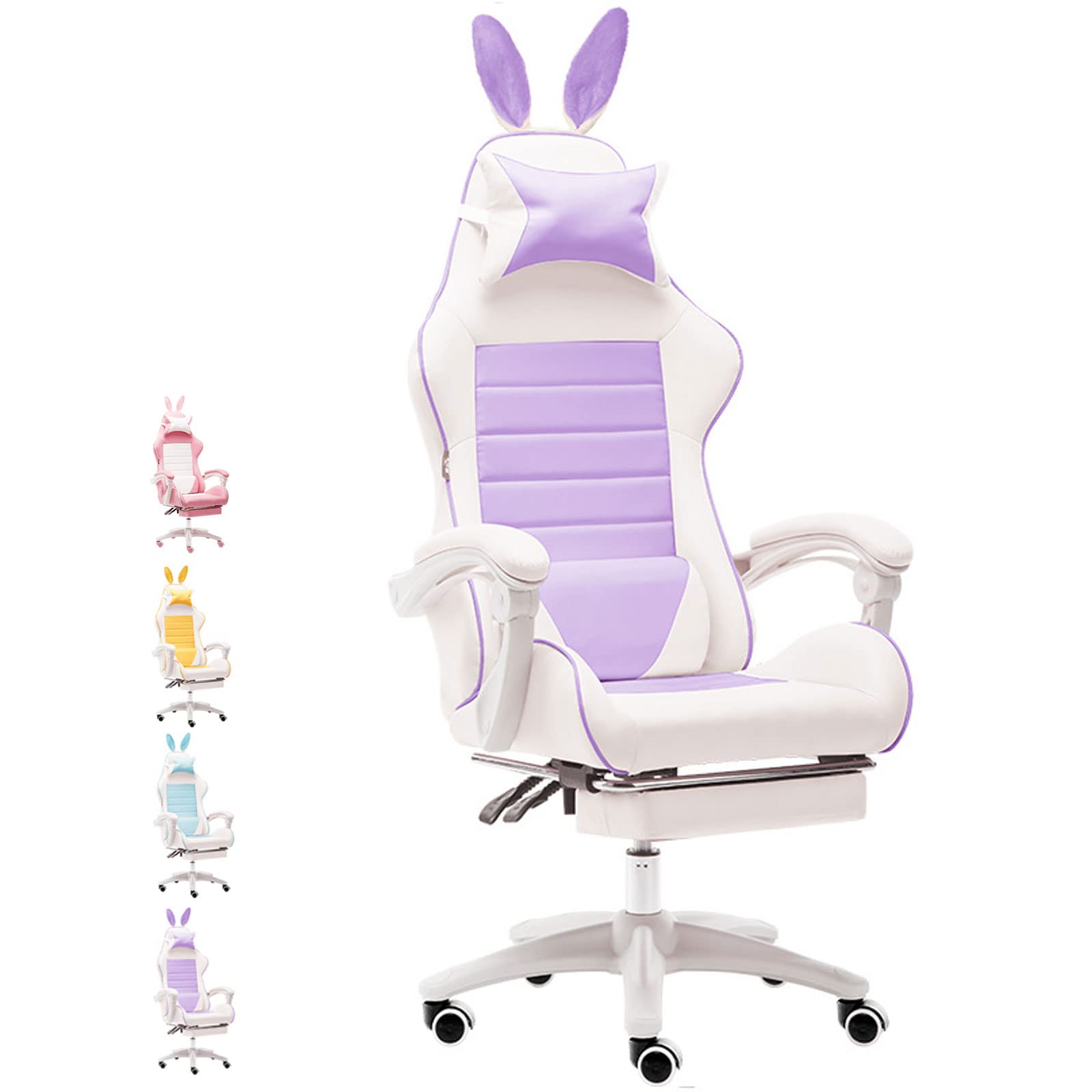 Ergonomic Pink Gaming Chair with Removable Rabbit Ear Cushion - 150° Reclining Leather Computer Chair with Footrest for Girls | Perfect for Streaming, Esports & Home Office Setup