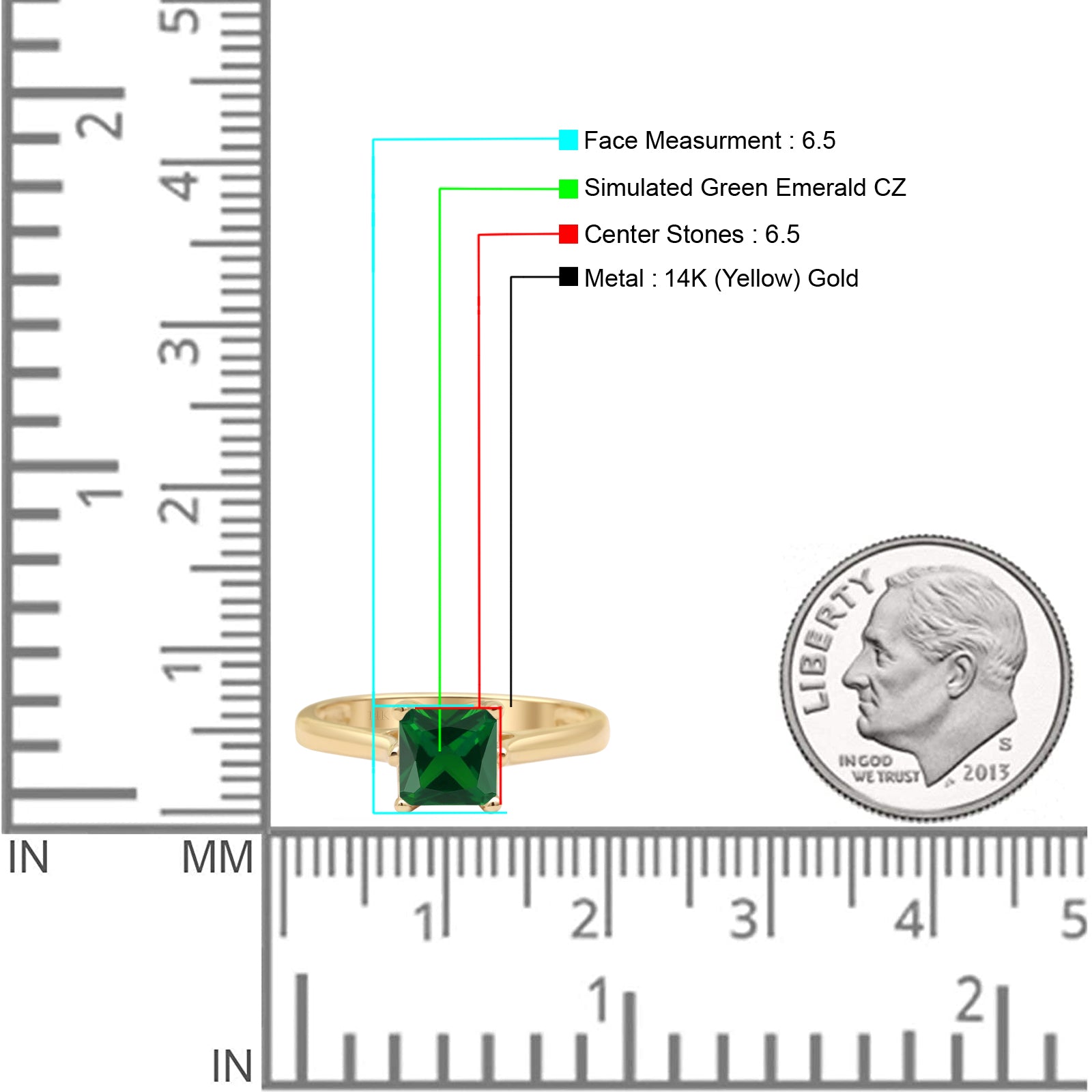 14K Yellow Gold Princess Cut Green Emerald CZ Solitaire Ring for Women - Elegant Cubic Zirconia Engagement & Wedding Jewelry Gift for Her - Perfect for Anniversaries, Proposals, and Special Occasions