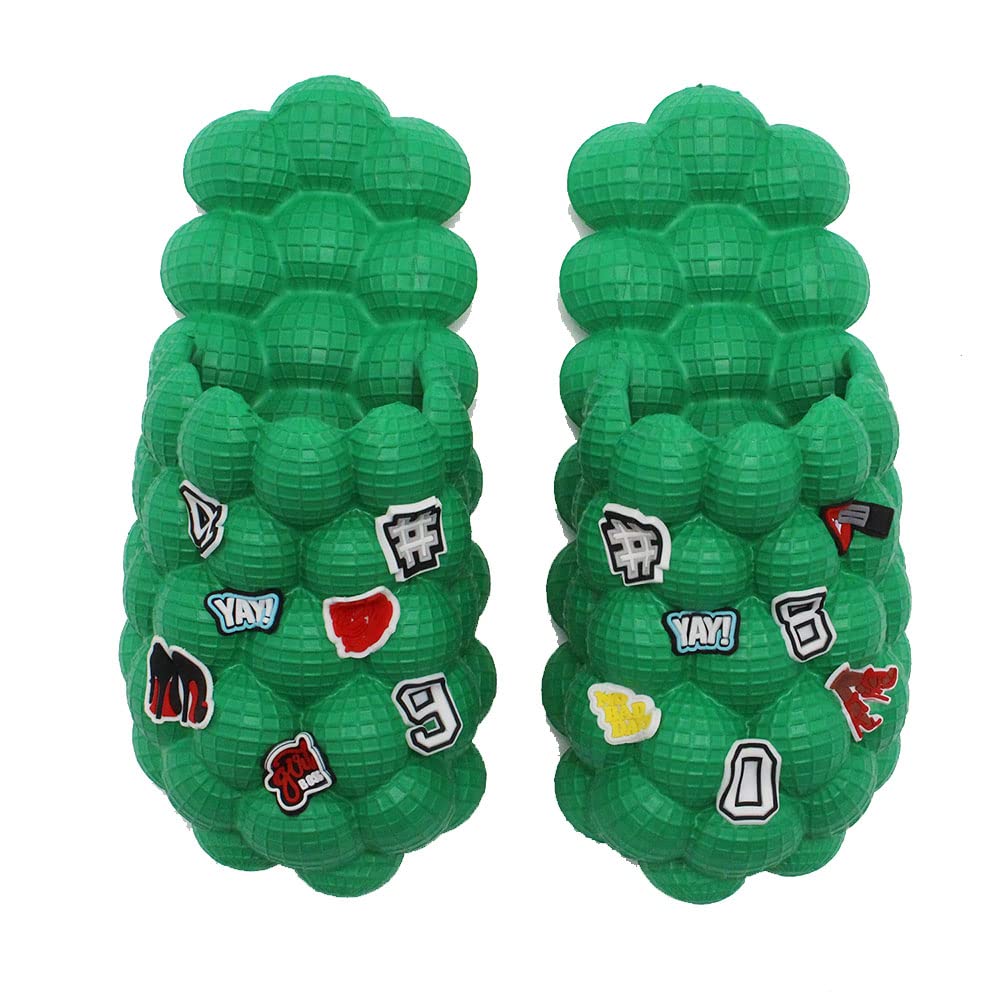 Unisex Bubble Ball Slides with Charms - Super Soft Lychee Massage Slippers for Women & Men - Stress Relief Spa Sandals for Bathroom, Beach & Indoor Use (Size 39-40, Green with Charms)