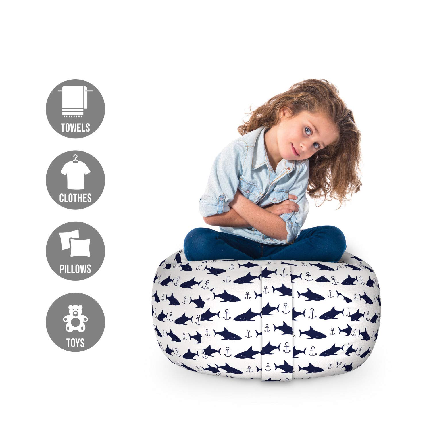 Ambesonne Anchor Storage Toy Bag Chair - Modern Aquatic Pattern with Sharks & Anchors, Washable Stuffed Animal Organizer (Small Size, Indigo/White) - Perfect for Kids' Room, Nursery, Playroom & Beach Toy Storage