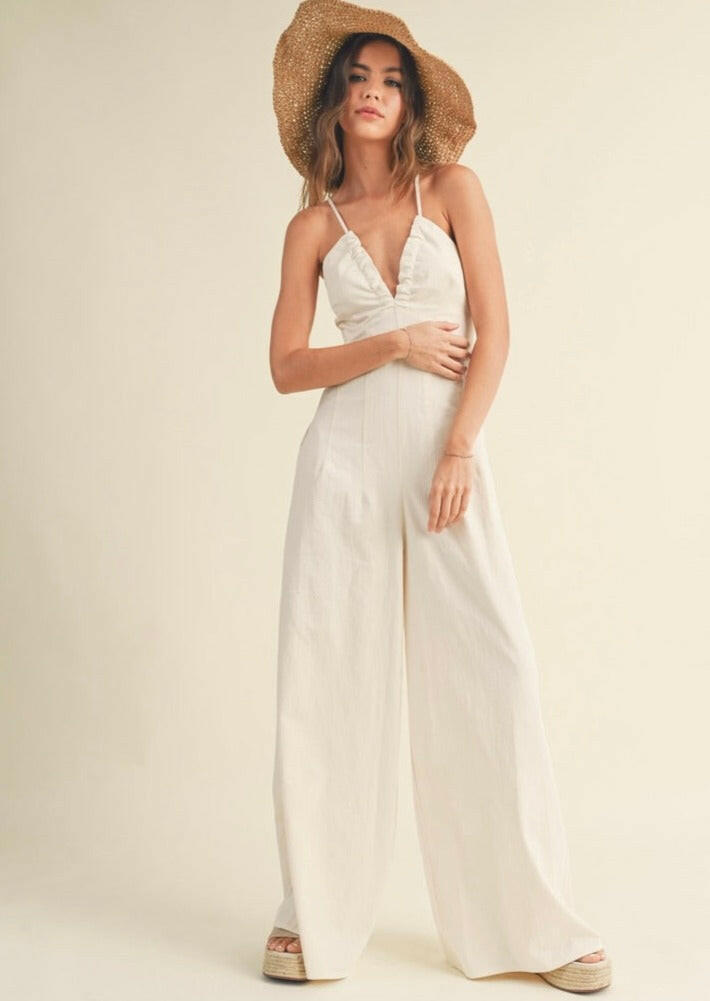 Soft Washed Cotton Jumpsuit for Women - Cream Color Comfortable Lounge Wear & Casual Outfit - Perfect for Home Relaxation, Weekend Errands and Coffee Dates