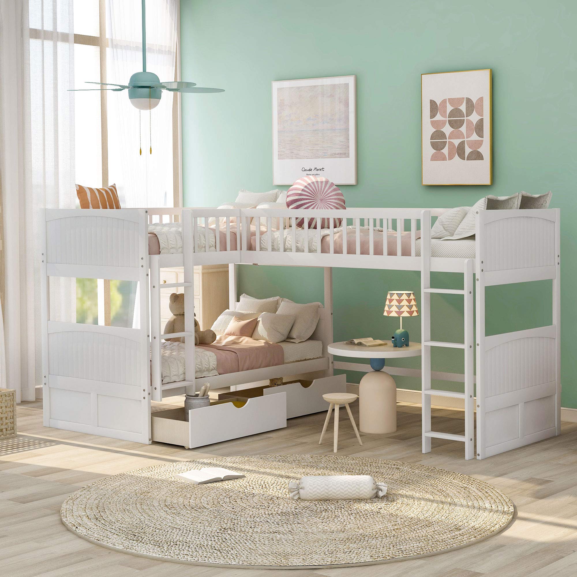 KLMM Twin Over Twin L-Shaped Corner Bunk Bed with Loft - Space-Saving 3-Person Bunk Bed Frame with 2 Storage Drawers & Dual Ladders for Kids, Teens & Adults (White) - Perfect for Small Bedrooms, Guest Rooms & Vacation Homes