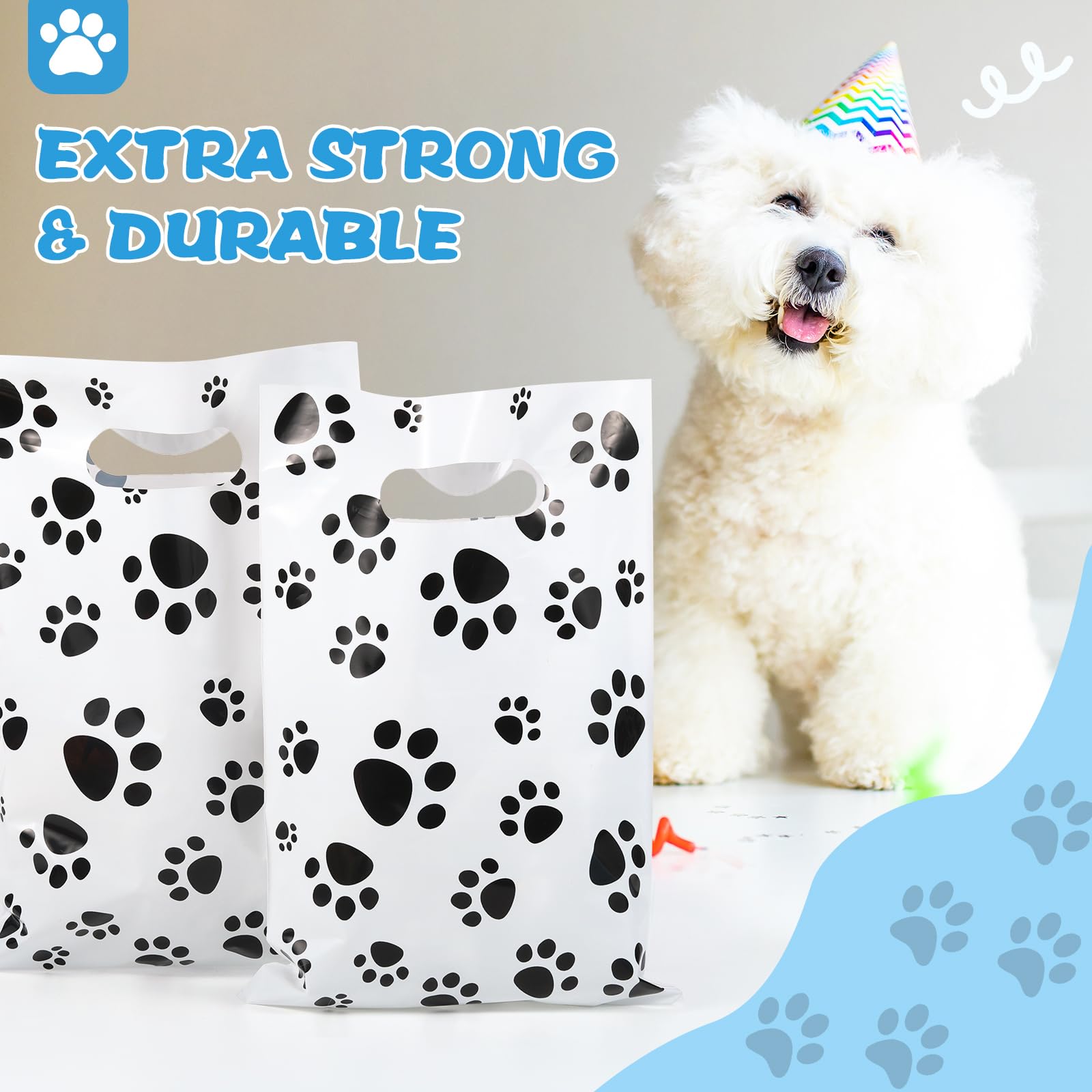 Pasimy 100 Pcs Dog Paw Print Plastic Treat Bags with Handle - Bulk Pet Party Favor Candy Goodie Bags for Dog Birthday, Puppy Shower & Holiday Celebrations (White & Black) - Perfect for Dog Treats, Party Decorations & Gift Giving