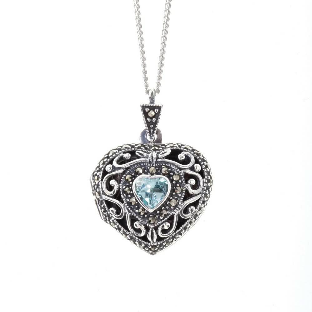 Blue Topaz Vintage Heart Locket Necklace in Sterling Silver - Perfect for Valentine's Day Gifts & Anniversary Presents