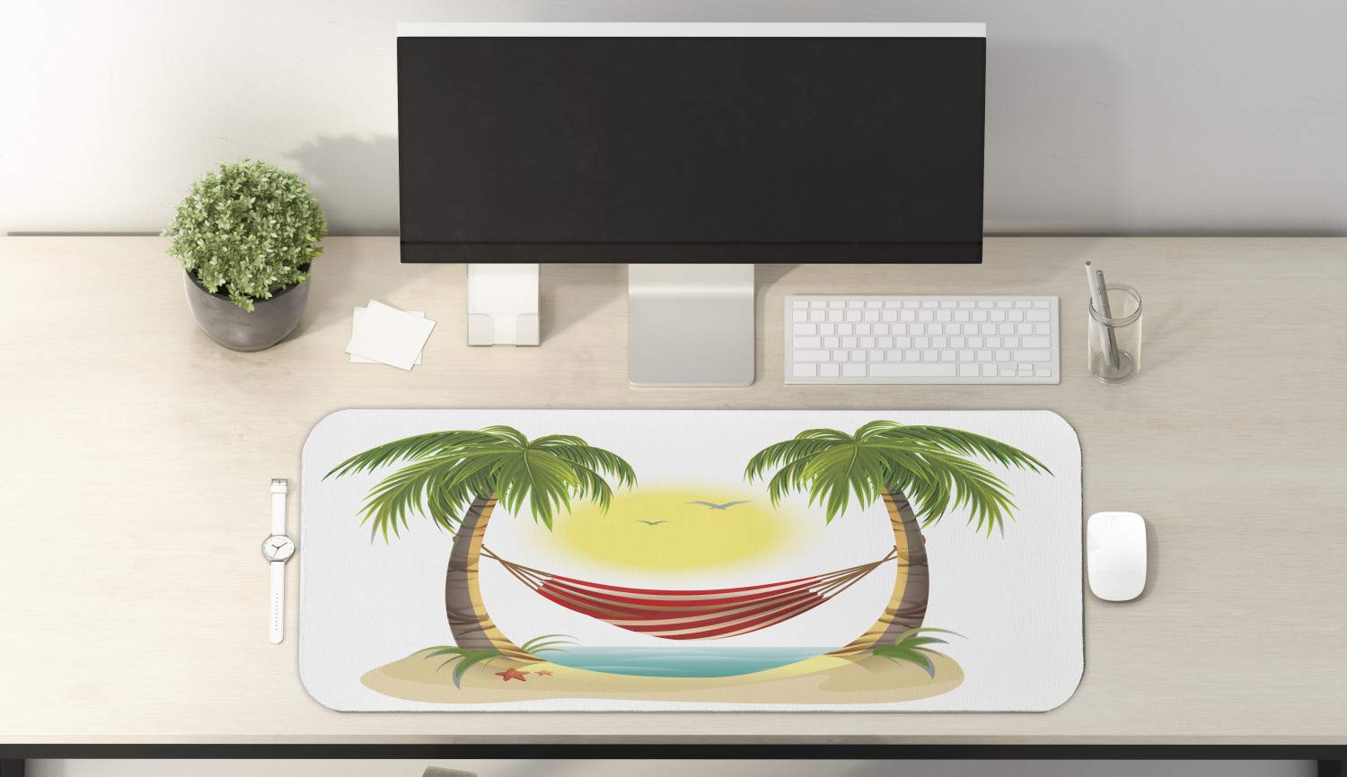 Ambesonne Graphic Beach Computer Mouse Pad - Tropical Island Cartoon Design with Hammock & Palm Trees, Non-Slip Rubber Base, Large 31