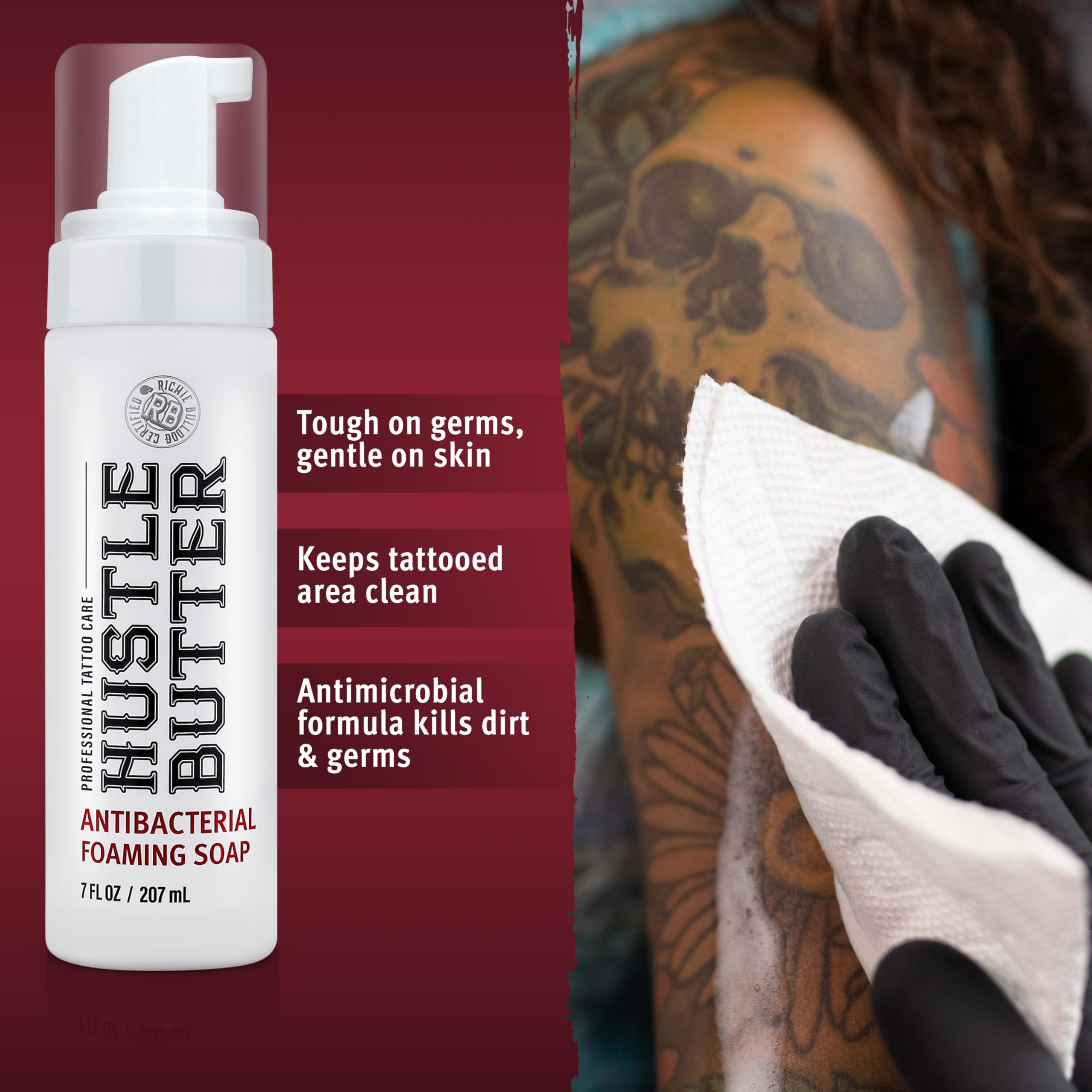 Hustle Bubbles Tattoo Aftercare Soap - Antibacterial Cleanser for New Tattoos & Piercings - 7oz Essential Tattoo Supplies - Perfect for Post-Tattoo Healing & Body Art Maintenance
