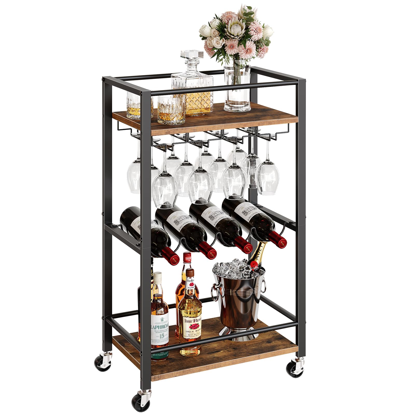 3-Tier Rustic Brown Bar Cart with Wine Rack & Glass Holders - Mini Rolling Serving Cart for Kitchen, Dining & Living Room - Perfect for Home Entertaining, Wine Storage & Space-Saving Organization (Model RCHR9301)