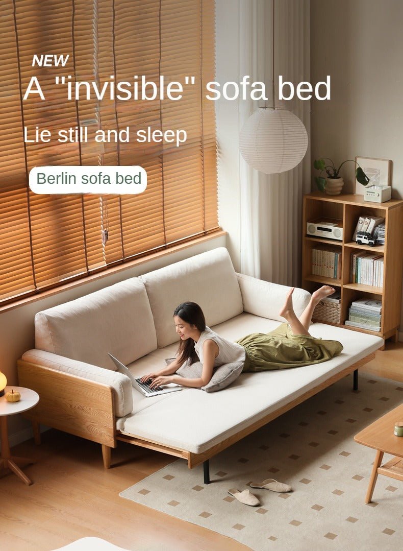 Oak Solid Wood Sofa Bed with Folding White Goose Feather Cushions - Convertible Sleeper for Small Spaces & Guest Rooms