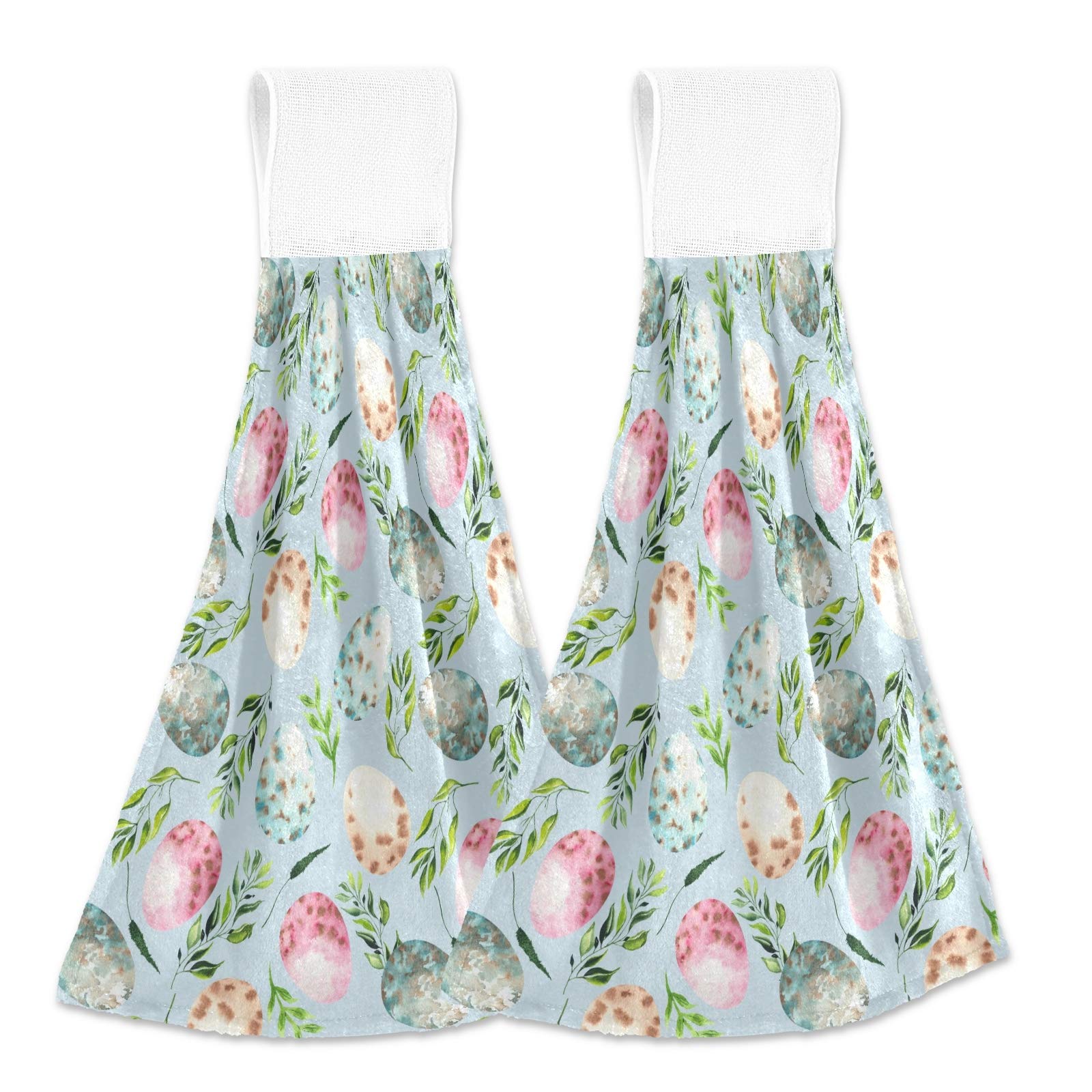 Colorful Easter Egg & Leaf Print Absorbent Kitchen Hand Towels - 2 Pack with Hanging Loop for Bathroom, Kitchen & Holiday Decor