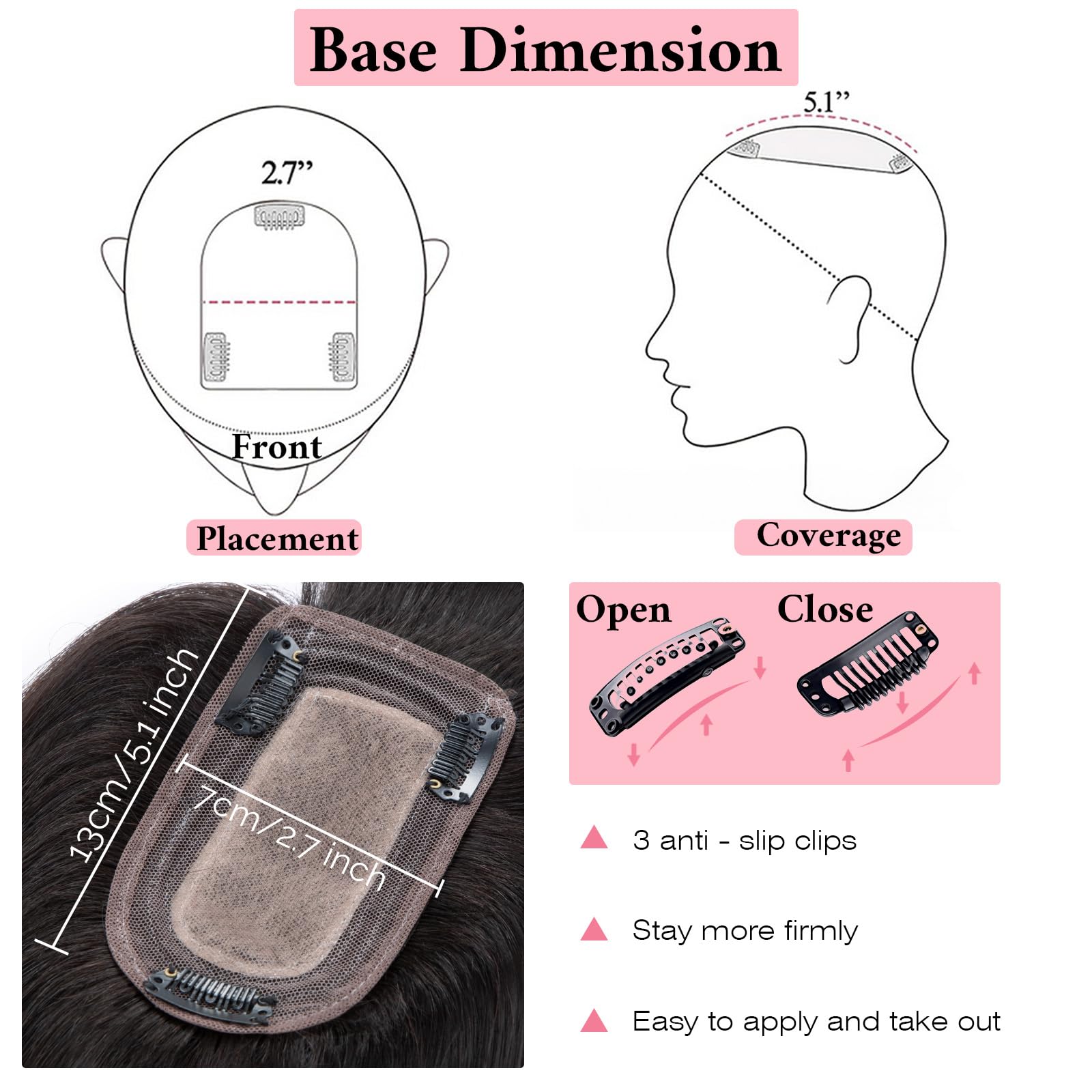 SEGO 100% Real Human Hair Toppers with Bangs - Silk Base 150% Density Clip-in Hair Topper (2.7”x5.1”) for Women with Thinning Hair & Hair Loss - Covers Gray Hair - Perfect for Daily Wear, Special Occasions & Hair Volume Enhancement