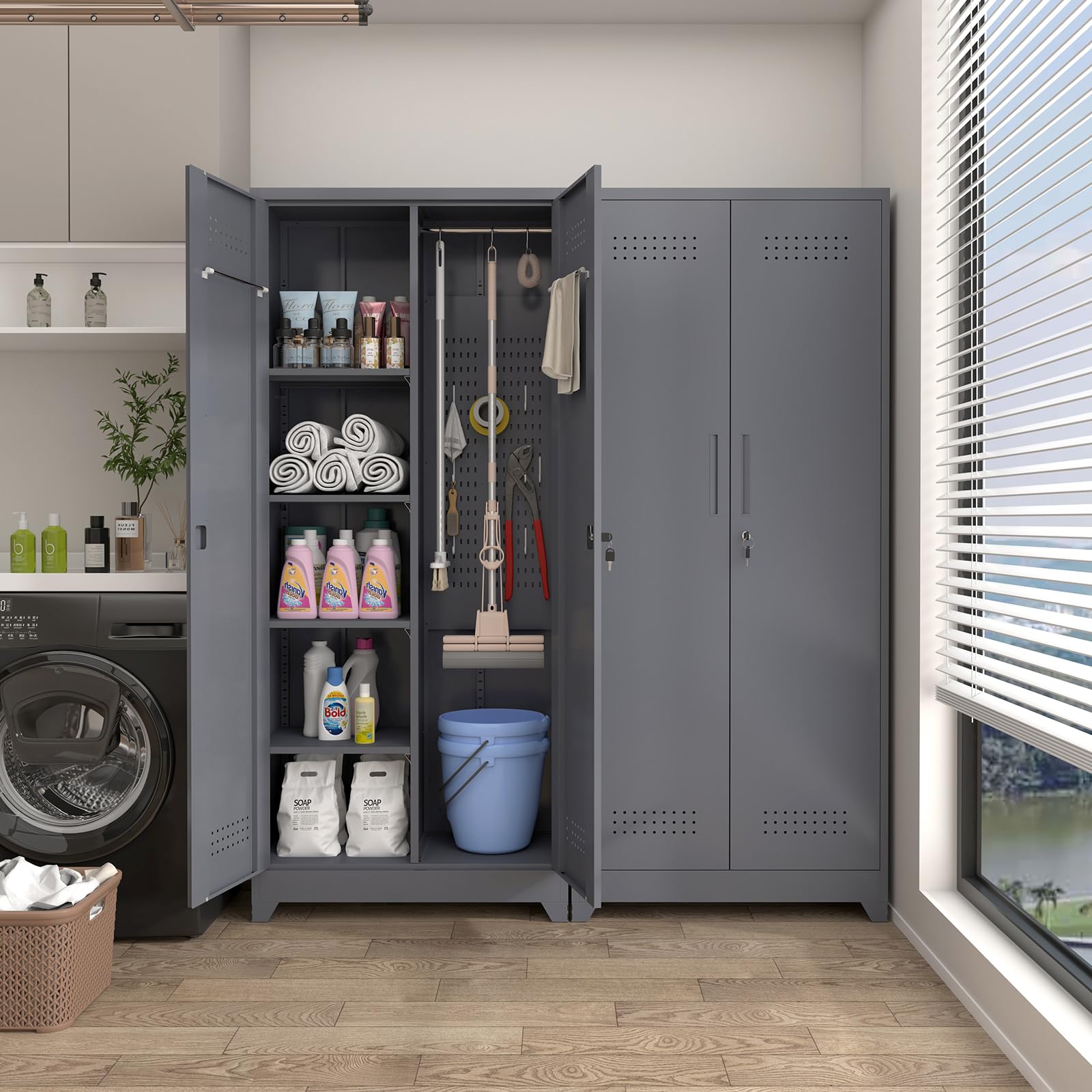 Metal Utility Storage Cabinet with Shelves - Broom Closet Organizer for Cleaning Tools, Laundry Room, Garage & Bathroom - Space-Saving Grey Cabinet for Home Organization
