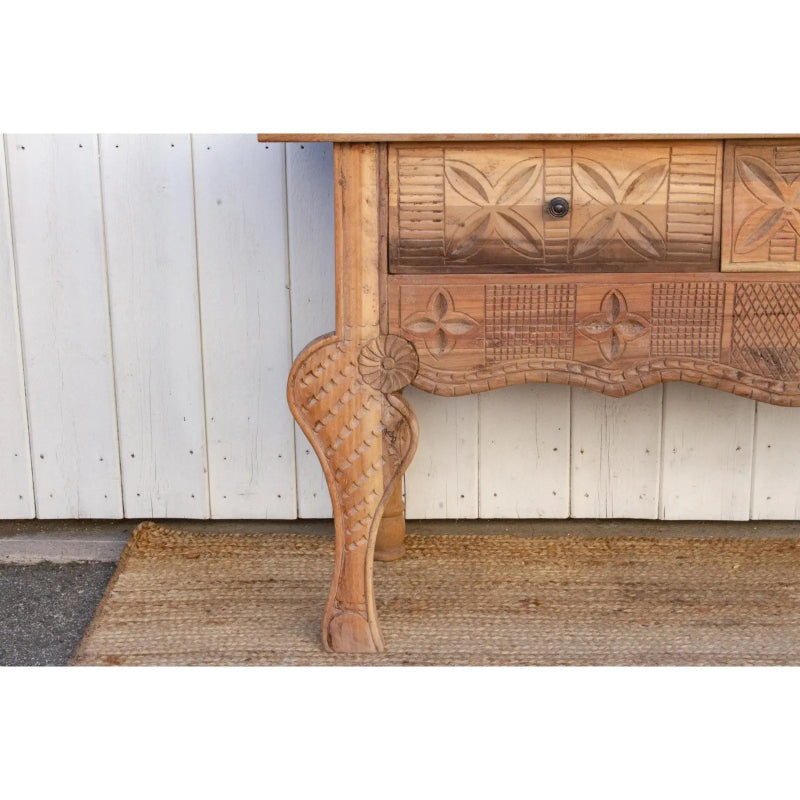 Hand Carved Wooden Three Drawer Console Table - Rustic Entryway Table with Storage for Hallway, Living Room & Bedroom | Solid Wood Sofa Table with Drawers for Home Decor