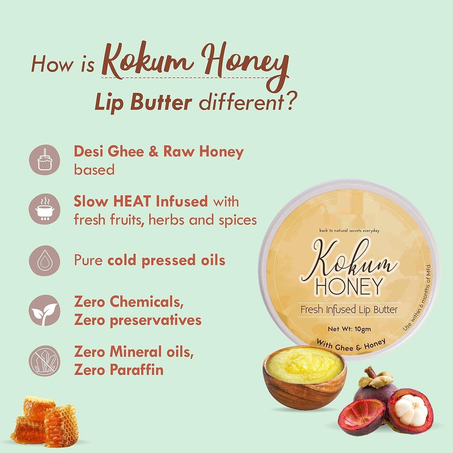 Kokum Honey Lip Balm with Desi Ghee - Dark Lip Repair for Chapped Lips - 10g