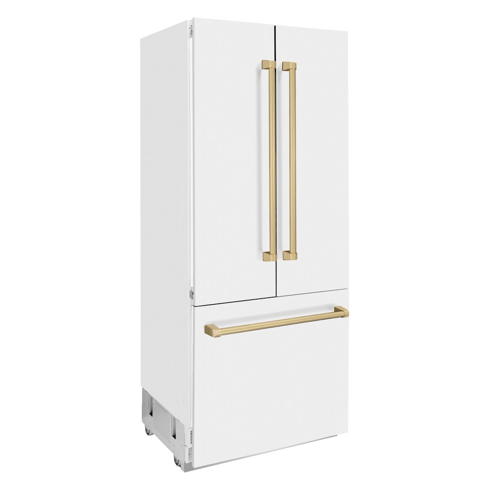 ZLINE Autograph Edition 36 Inch 19.6 cu ft French Door Built-In Bottom Freezer Refrigerator with Water Dispenser & Ice Maker - White Matte with Champagne Bronze Accents (RBIVZ WM 36 CB) | Premium Kitchen Appliance for Modern Homes & Restaurants