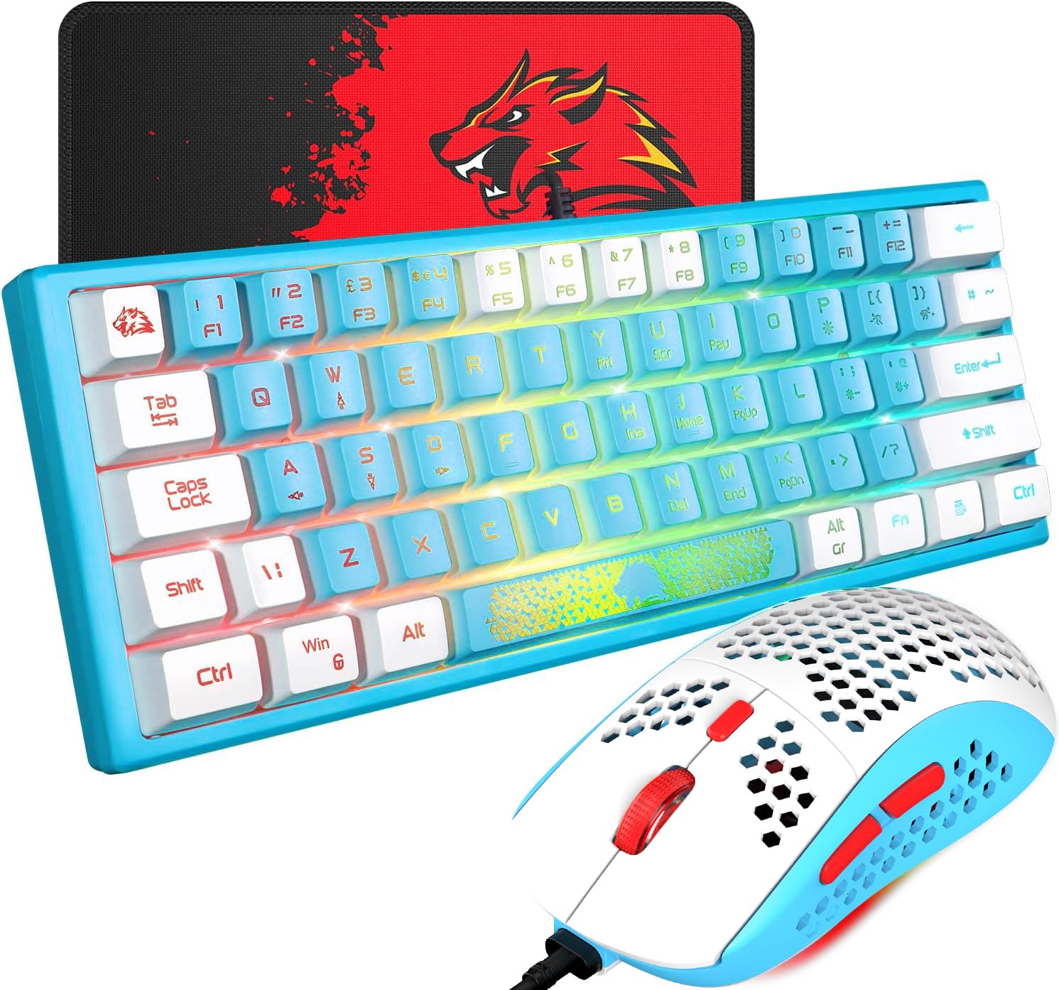 60% RGB Backlit Gaming Keyboard and Mouse Combo - Double Color Keycaps, Mechanical Feel, 6400 DPI Honeycomb Optical Mouse with Gaming Mouse Pad - Perfect for PC Gamers, Esports & Office Typists