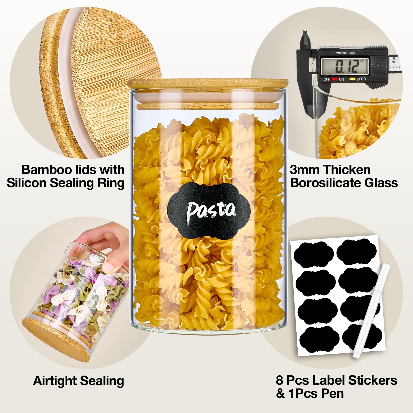 7-Pack Thicker Glass Food Storage Containers with Airtight Bamboo Lids - Clear Pantry Jars for Pasta, Nuts, Coffee, Tea, Spices & Dry Foods - BPA-Free Kitchen Organization Set - Perfect for Meal Prep, Baking & Pantry Storage