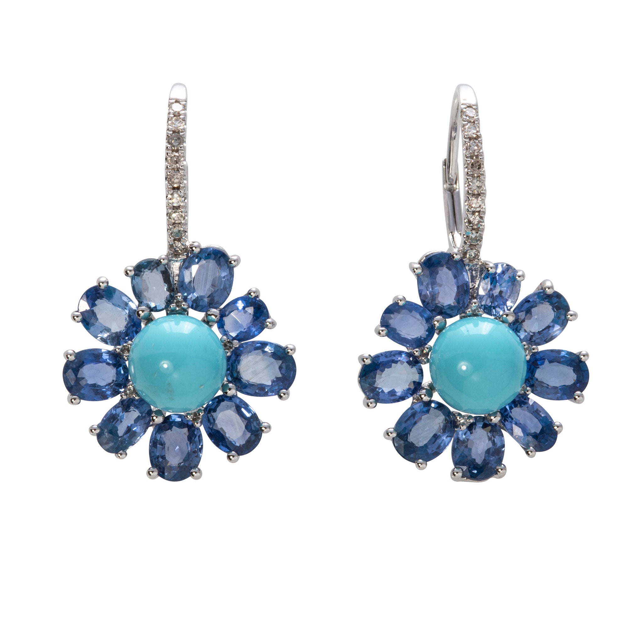 18K Gold Turquoise Sapphire Diamond Leverback Earrings for Women - Elegant Dangle Earrings for Parties, Weddings & Special Occasions