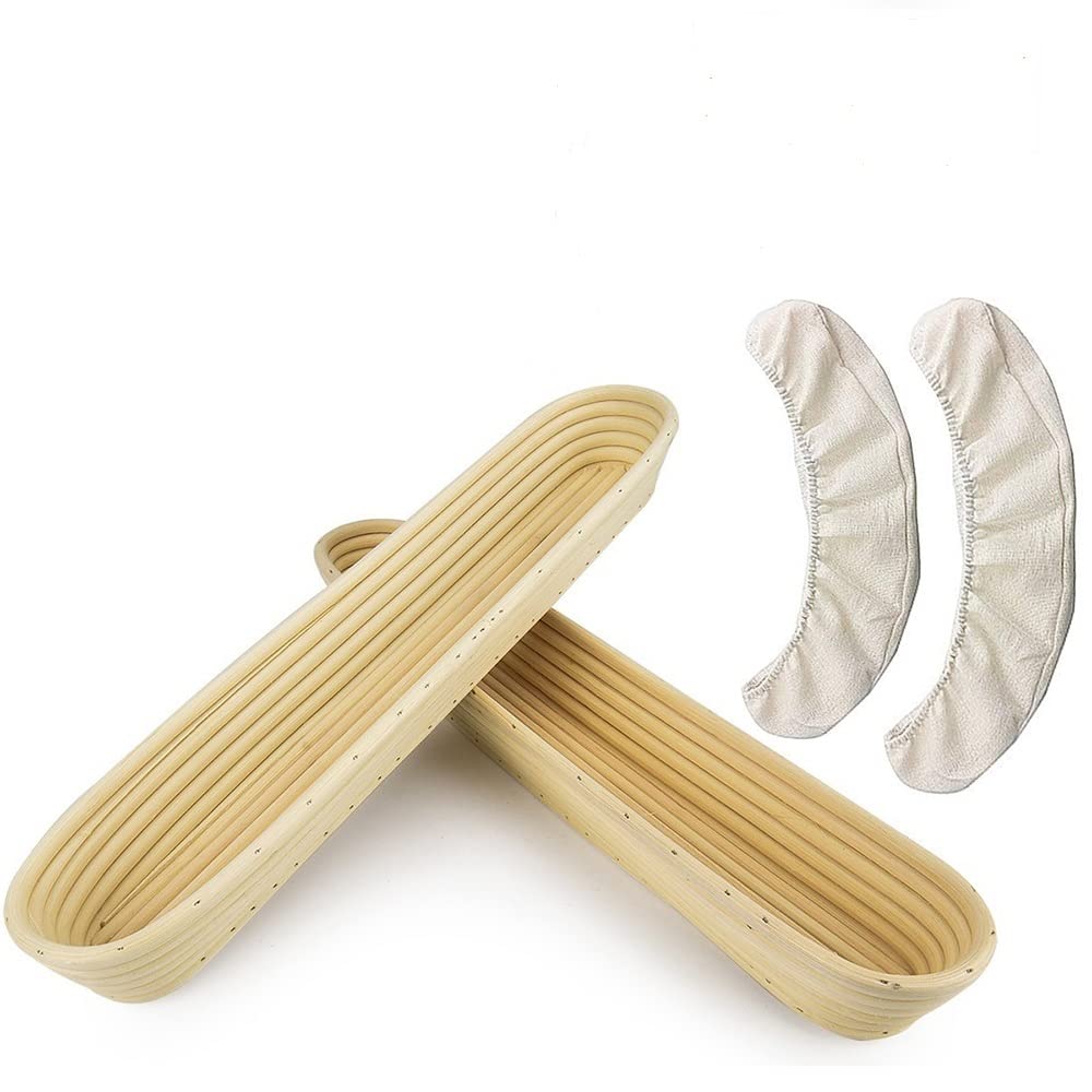 2 Pack Oval Banneton Bread Proofing Basket Set - 15 Inch with Linen Liner for Sourdough, Baguette & Artisan Bread Baking - Perfect for Professional & Home Bakers (Great for French Bread, Ciabatta & Homemade Dough Rising)