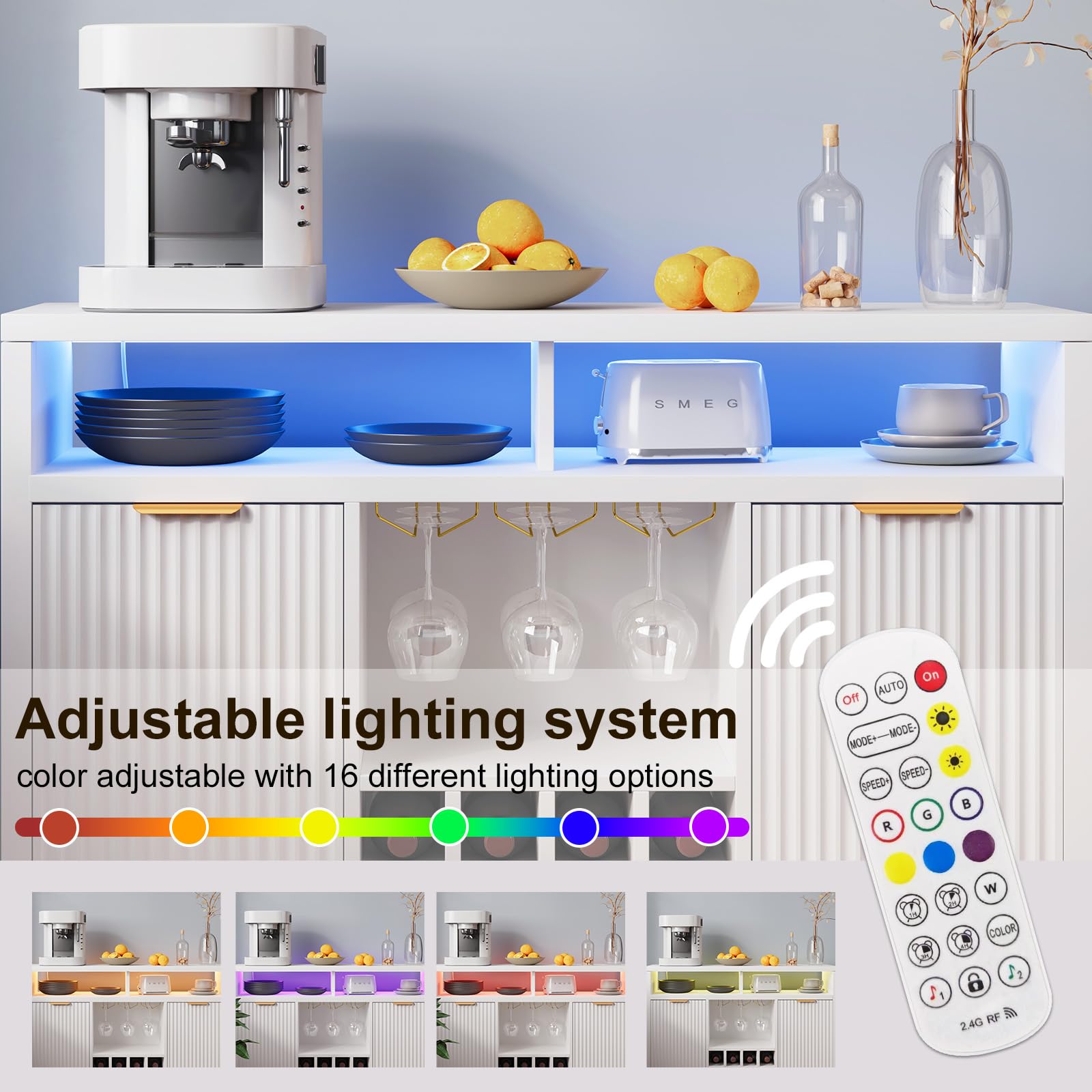 Modern White Fluted Home Bar Wine Cabinet with LED Lights & USB Charging Station - 47.2