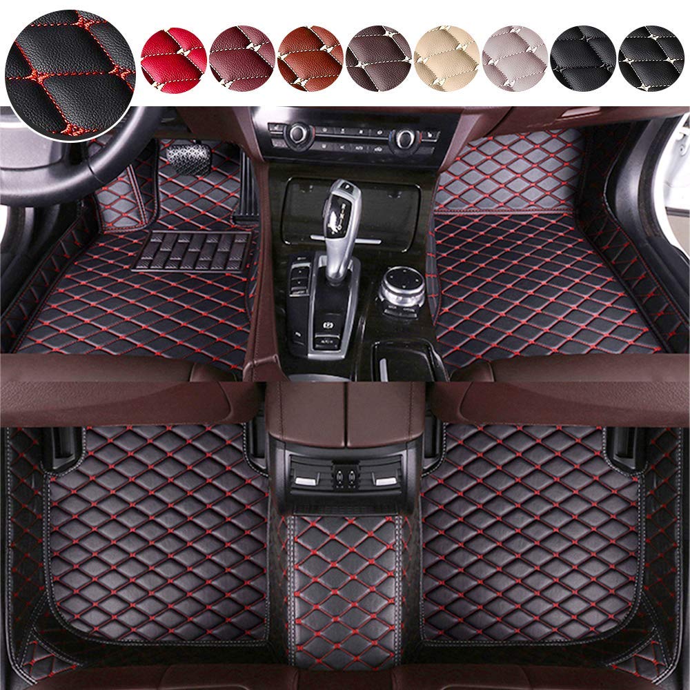 Premium Custom Fit Car Floor Mats for Infiniti Q50 2014-2019 - Waterproof All-Weather Non-Slip Leather Liners - Complete Set Black & Red Interior Accessories - Perfect for Daily Commute, Road Trips and All-Season Protection