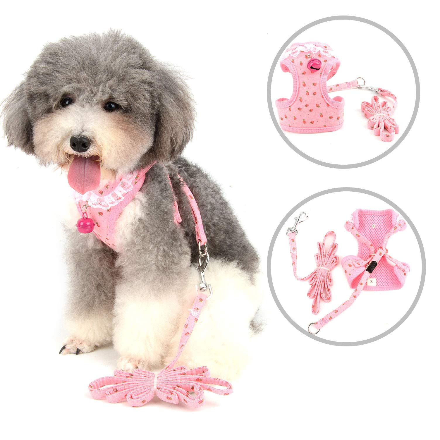 Ranphy Escape-Proof Small Dog Harness & Leash Set with Bell - Breathable Mesh Padded Vest, Adjustable Soft Puppy Collar for Walking & Training - Pink (Perfect for Outdoor Adventures, Park Visits & Daily Walks)