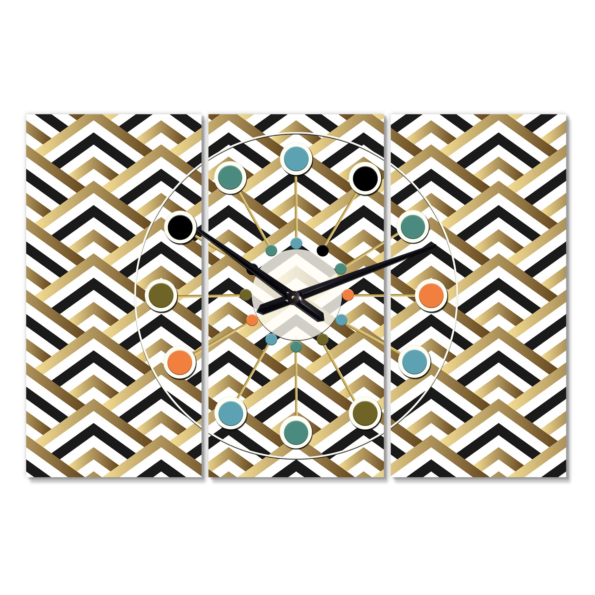 Designart 'Gold Black and White Triangle' Oversized Mid-Century Modern 3 Panels Wall Clock - Stylish Home Decor for Living Room, Office & Contemporary Spaces